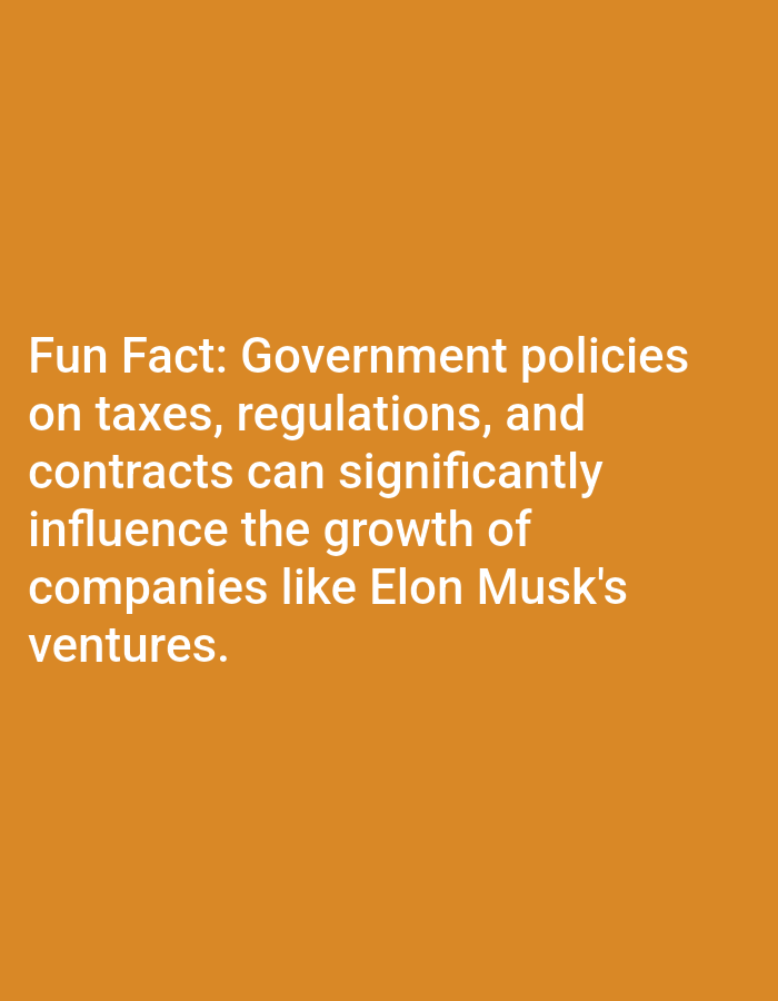 The image contains text on an orange background. The text reads: "Fun Fact: Government policies on taxes, regulations, and contracts can significantly influence the growth of companies like Elon Musk's ventures." There are no people, subjects, objects, actions, interactions, or environmental details related to Lagos, Nigeria, or any other city. The image is solely a display of text.