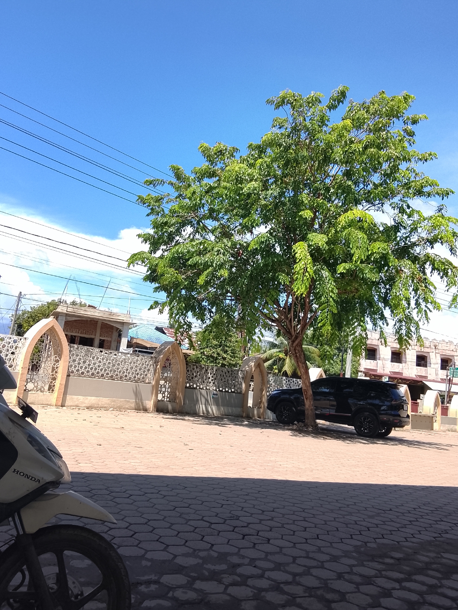 In the city of Meunasah Raya, Indonesia, a street scene unfolds under a clear blue sky. A large, leafy green tree dominates the center of the frame, its branches reaching towards the heavens. In the foreground, the front portion of a white Honda motorcycle is visible, its wheel and part of the body resting on a pavement of hexagonal grey tiles. Beyond the motorcycle, a black SUV is parked on the tiled area.
Behind the tree, a decorative stone fence with arched openings separates the street from buildings. The fence is topped with a pale beige capping and features an intricate pattern of interlocking geometric shapes. One building in the background, partially obscured by the fence and tree, appears to be under construction, with visible brickwork and roofing materials. Another building, further to the right, is a multi-story structure with multiple windows and a light-colored facade. Overhead, dark power lines stretch across the sky, supported by poles. The overall impression is a snapshot of daily life in a tropical urban environment, bathed in bright sunlight, casting distinct shadows on the ground.
