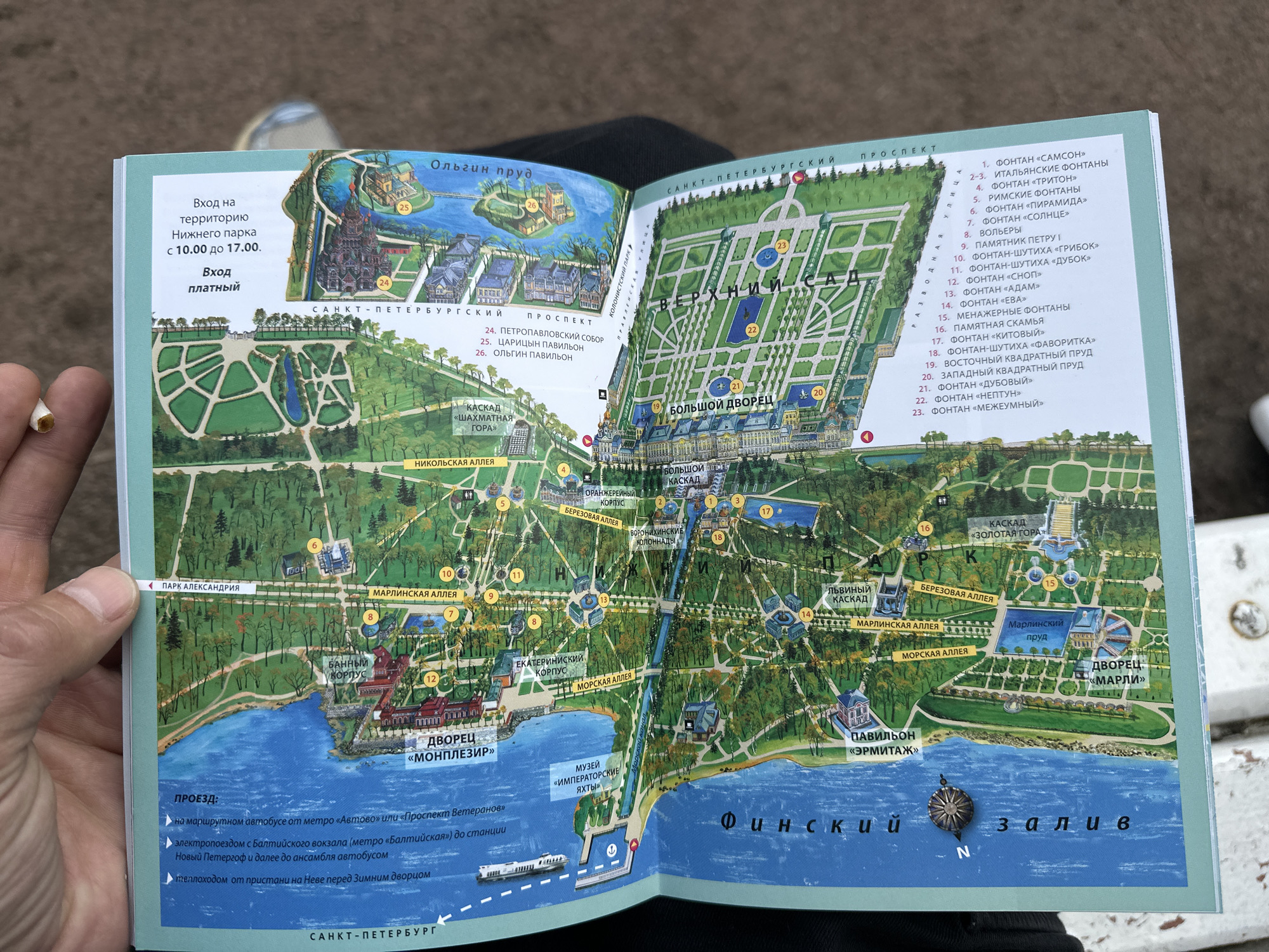 The image displays a folded map of Peterhof, Russia, a historical town located on the southern shore of the Gulf of Finland, west of Saint Petersburg. The map is held by a person's hands, with a cigarette butt resting on the map's cover. It details the layout of Peterhof's numerous fountains, palaces, and gardens, with numbered points of interest and accompanying text in Russian. The map shows the vast park complex, the Gulf of Finland (labeled "ФИНСКИЙ ЗАЛИВ"), and various architectural structures like palaces and pavilions. Some text visible includes "САНКТ-ПЕТЕРБУРГ", "ДВОРЕЦ «МОПЛЕЗИР»", "БОЛЬШОЙ ДВОРЕЦ", and a list of numbered fountains. The environment appears to be outdoors, possibly in a park or public space, given the natural lighting and the presence of a shoe visible in the lower right corner.