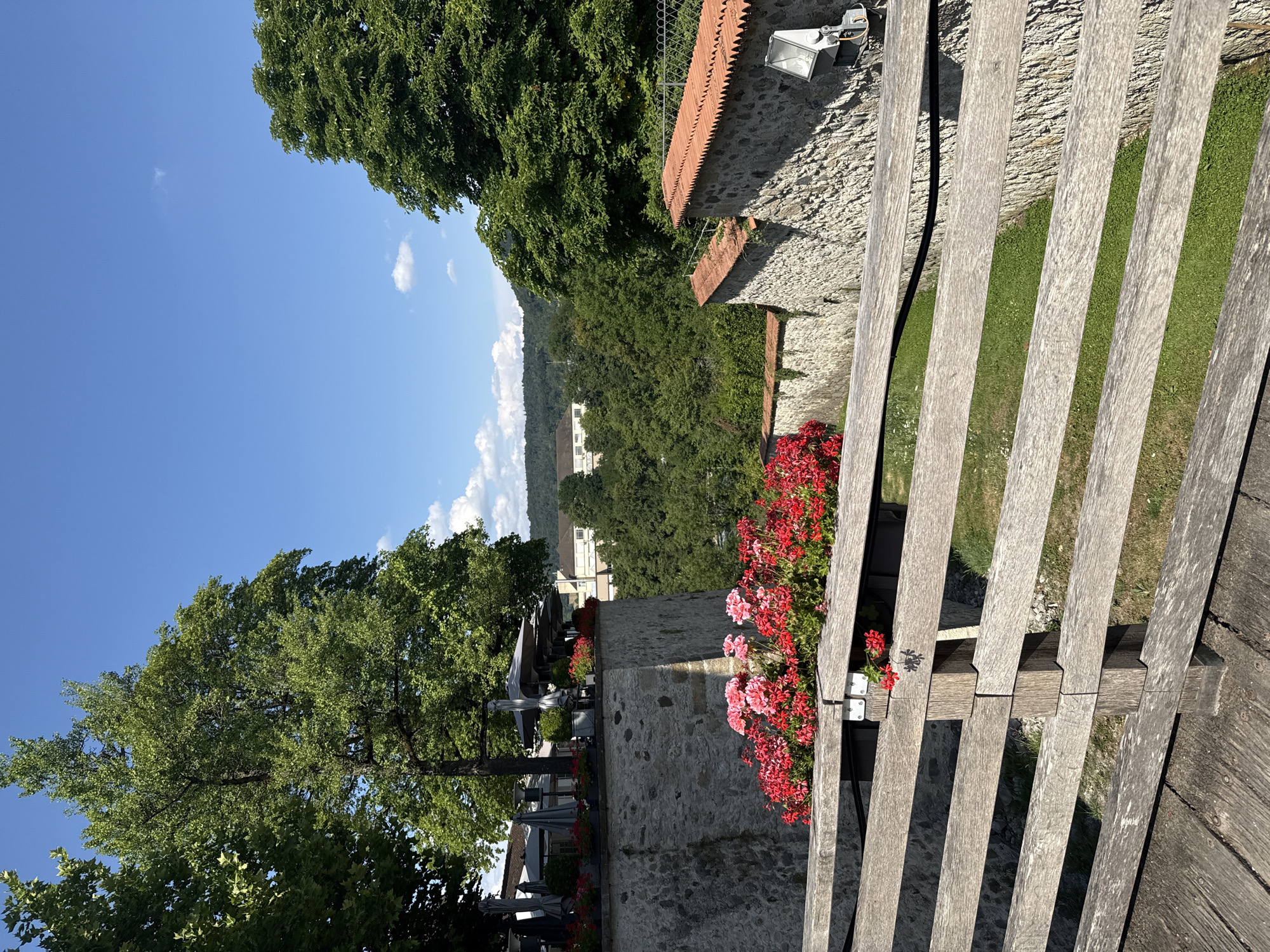A wooden railing overlooks a serene outdoor scene under a clear blue sky. To the left, lush green trees with dense foliage dominate the foreground, with their branches reaching towards the sky. In the background, a hillside covered in trees slopes down, revealing a few white buildings nestled amongst the greenery. The sky is bright with a few scattered white clouds.
The railing is made of weathered wooden planks, laid out in a parallel fashion. Next to the railing, a patch of vibrant red flowers adds a splash of color to the scene. Behind the flowers, a stone wall, possibly part of an old structure, runs along the landscape. On top of this wall, another section of red-tiled roofing is visible, and a metal floodlight is mounted on the wall.
Further into the background, a row of outdoor tables with umbrellas suggests a restaurant or cafe setting. The overall atmosphere is peaceful and tranquil, evoking a sense of a pleasant day in a picturesque location. The time of day appears to be daytime, with bright sunlight casting shadows. The location is Nohl, Switzerland, and the clear sky and vibrant greenery indicate good weather. There is no visible text in the image.