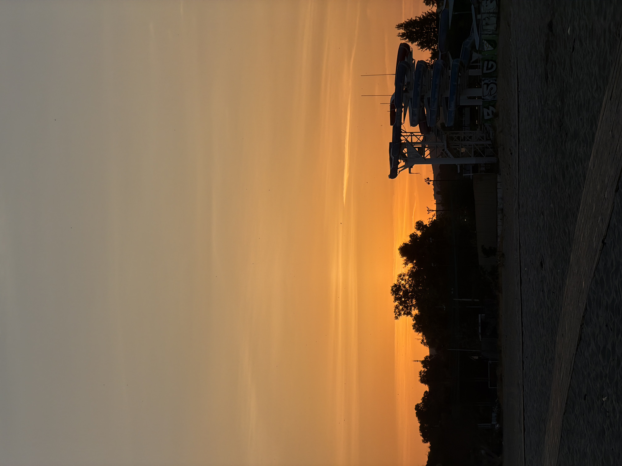 The image displays a coastal landscape captured during either sunrise or sunset, characterized by an intensely orange and red sky that occupies the upper two-thirds of the frame. The sky gradient transitions from a pale, desaturated orange-grey at the zenith, gradually deepening to a vibrant orange and then a fiery orange-red along the horizon. Sparse, wispy horizontal cloud formations are visible in the mid-sky, alongside numerous minute, dark specks identified as birds.
The lower third of the image is dominated by dark, silhouetted elements. The immediate foreground consists of dark-toned beach sand, across which a wooden boardwalk extends diagonally from the lower-left corner towards the center. Above the beach, a dense and irregular line of dark tree foliage forms the terrestrial horizon, obscuring details beyond. To the right of the frame, a large, multi-story water slide structure is prominently silhouetted against the bright sky. This structure comprises a metal framework supporting several intertwining slides, which exhibit dark blue and reddish sections. The appearance of the slides suggests disuse or closure. Faint graffiti is discernible on the lower concrete elements of the slide's support structure. No individuals are present in the scene. This environment is consistent with a beach resort or recreational area located within the city of Catania, Italy.