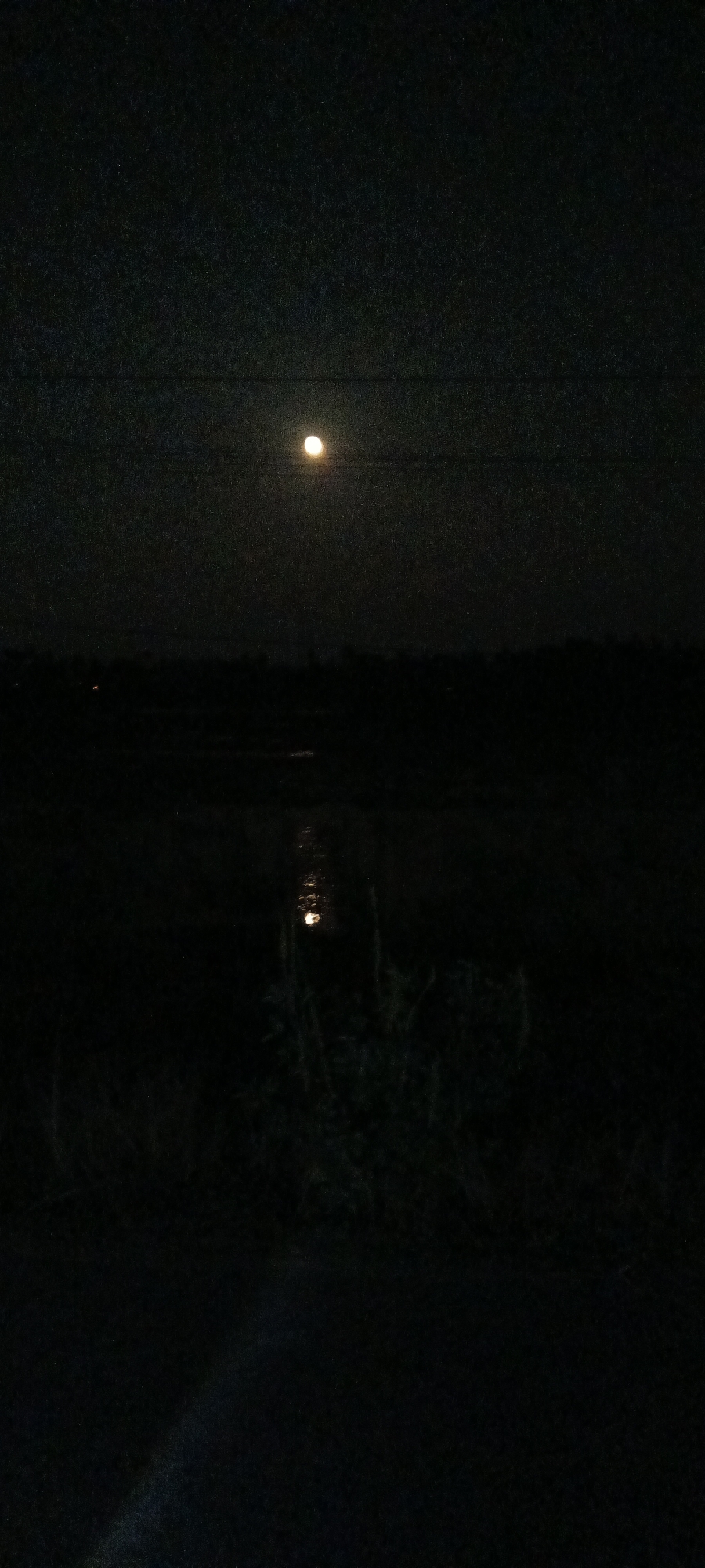 A nighttime outdoor scene depicts a dimly lit landscape with a full moon illuminating the sky. The moon, a bright orb, is positioned in the upper center of the frame against a dark, starless sky. Below the moon, a dark, silhouetted horizon suggests trees or vegetation. A body of water, possibly a river or canal, is visible in the mid-ground, reflecting the moonlight with a distinct shimmer. Tall, dark grass or reeds grow along the edge of the water, adding texture to the foreground. The overall atmosphere is quiet and serene, with a sense of natural stillness. The location is identified as Lheubarat, Indonesia.