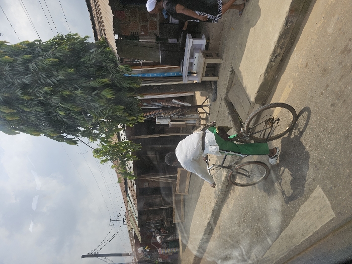 This image captures a daytime street scene in Agege, Nigeria. The primary subject is a male figure, observed from a slightly elevated rear-left perspective, riding a dark-colored bicycle on a paved road. He wears a white long-sleeved top, green trousers, and white slip-on sandals, with a dark item draped over his left shoulder and a white sash around his waist. His shadow is cast on the road surface.
The road features faint white markings and is flanked by concrete sidewalks. A woman in a dark patterned dress and white head covering is partially visible walking on the right sidewalk.
To the right, a row of single-story commercial structures lines the street, constructed with brick and wood, topped with weathered corrugated metal roofs. Various items, including light-colored furniture (tables/benches) and metal bars, are displayed outside these establishments, suggesting furniture or hardware vendors. A tall, slender tree with dense green foliage stands prominently on the right side between the sidewalk and the shops.
On the left side of the street, a wooden utility pole supports multiple overhead wires that crisscross the sky. The sky is partly cloudy, and strong shadows indicate bright daylight conditions. A slight glare is present in the lower-left foreground, suggesting the image was captured through a window.