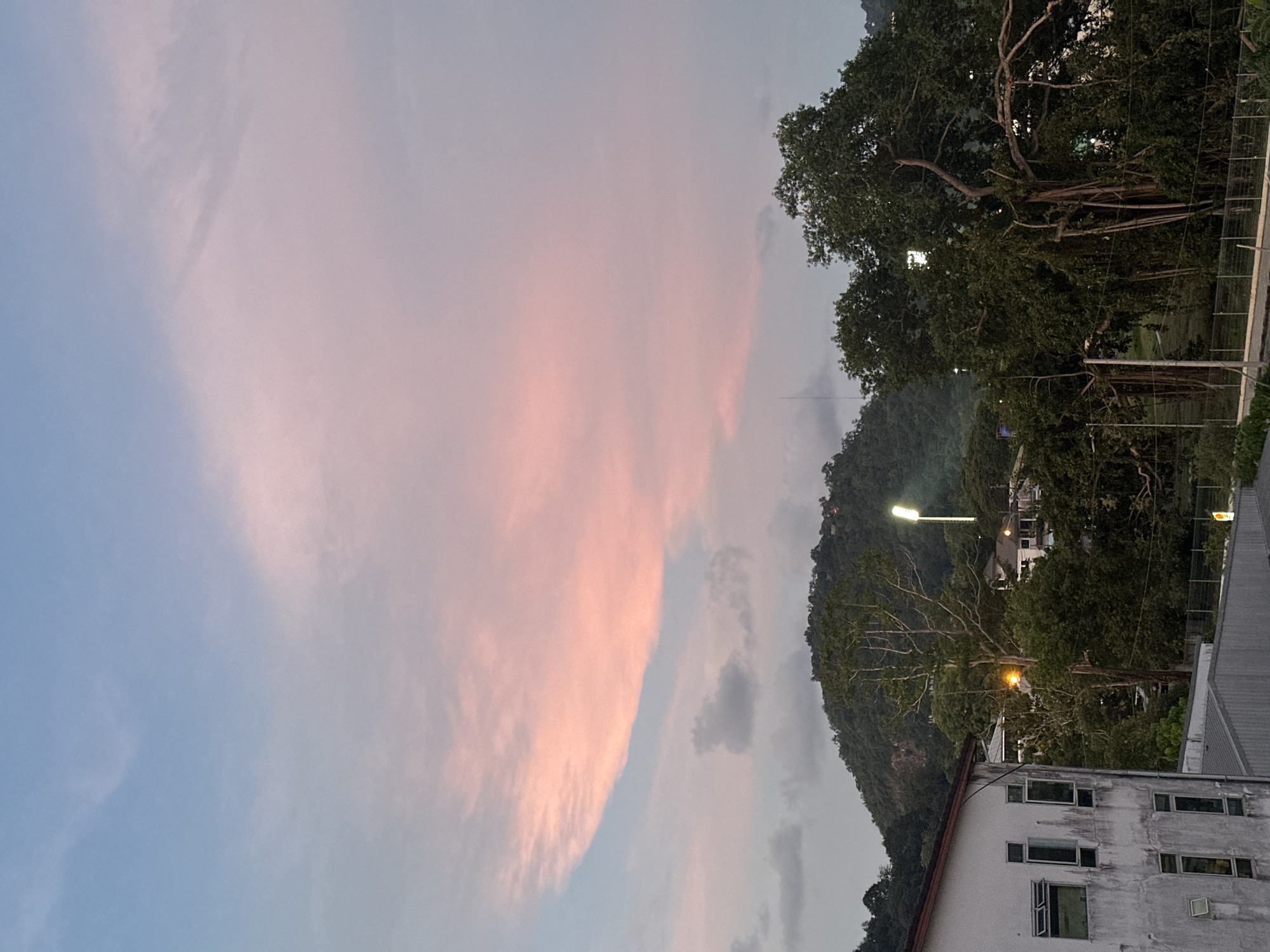 A wide-angle shot captures a twilight scene of a hilly landscape in Wichit, Thailand. The sky is painted with soft hues of blue and pink, with wispy clouds suggesting the end of the day. In the foreground, a light-colored, multi-story building with visible windows is partially seen on the left. Behind it, lush green trees and foliage dominate the mid-ground, with a notable, large tree with aerial roots in the right mid-ground. A prominent, tall light pole with a bright light illuminates the dark green hillside in the distance, situated near some buildings. The overall atmosphere is serene, with hints of urban development nestled within the natural landscape. There are no people visible in the frame.