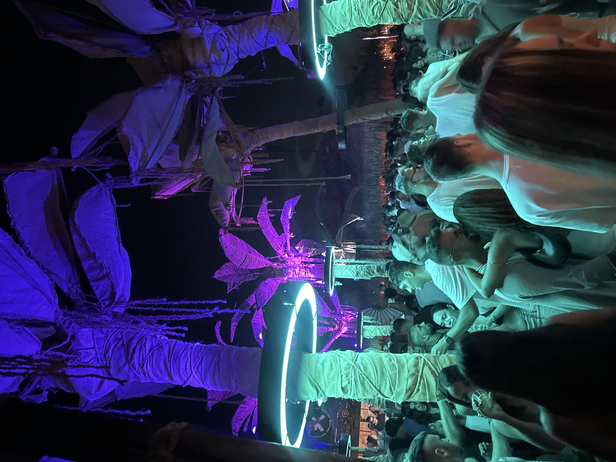 The image captures a lively nighttime scene at a beach club in Sozopol, Bulgaria. The environment is illuminated by vibrant purple and green lights, accentuating the tropical ambiance created by artificial palm trees wrapped in rope. A large crowd of people is densely packed, suggesting a party or event in full swing. Some individuals are seen holding drinks, while others are engaged in conversation or dancing. The overall atmosphere appears energetic and festive.
