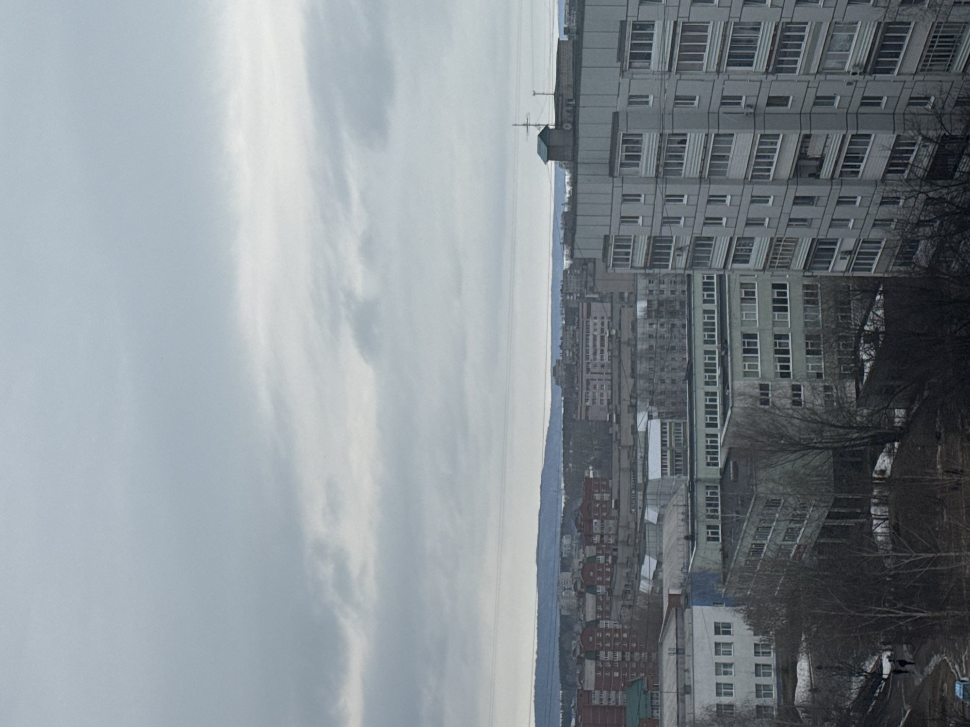 The image shows a view of Chaikovsky, Russia, under a cloudy sky. In the foreground on the right is a large, multi-story gray apartment building with numerous windows and balconies. Further in the distance, other apartment buildings are visible, interspersed with bare trees. A street with pedestrians is visible on the lower right. The sky dominates the left side of the image, filled with gray clouds.