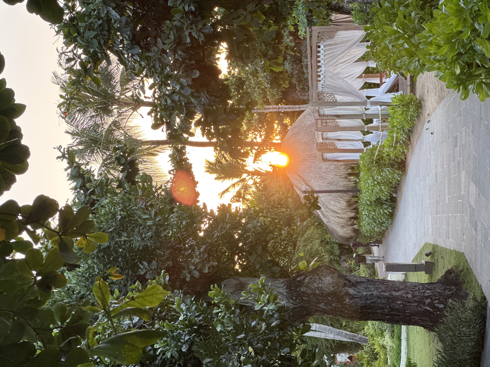 The photograph captures a tranquil scene at a resort in Kuta Selatan, Indonesia, during what appears to be sunset or sunrise. A paved pathway, lined with lush green foliage on both sides, leads towards a cluster of thatched-roof cabanas adorned with white drapes. The sun is visible low in the sky, peeking through palm trees and foliage, casting a warm, golden glow over the scene. Two individuals are walking away from the camera on the pathway. The environment is characterized by tropical vegetation, including mature trees with textured bark, palm trees, and dense bushes, creating a sense of seclusion and natural beauty. The architecture of the cabanas suggests a luxury resort or spa setting.