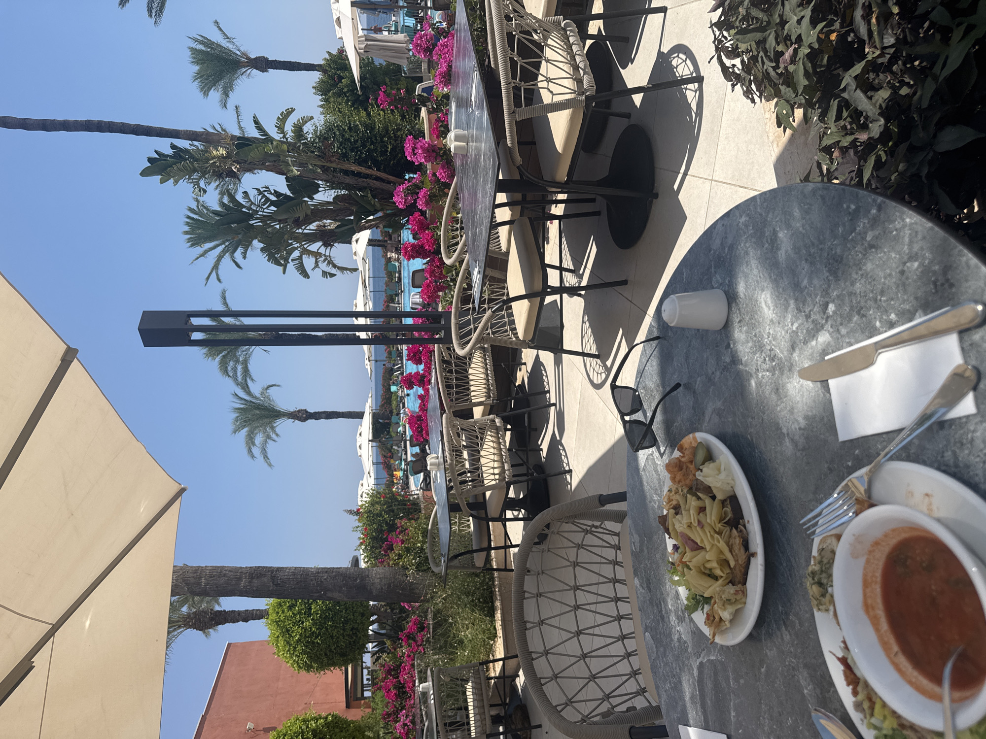 The image depicts an outdoor dining area at a resort, likely in Kemer, Turkey, given the presence of palm trees, bright sunshine, and a clear blue sky. In the foreground, a round, dark marble-topped table is set for a meal. One plate contains a pasta salad with what appears to be shrimp, and another holds a bowl of red soup. A pair of dark sunglasses rests on the table, along with cutlery.
Behind this table, a series of outdoor dining tables and chairs are arranged, some occupied by diners. The chairs have a woven texture, and the tables are dark with metal bases. A large, light-colored umbrella provides shade.
The background features a swimming pool with people swimming and lounging, surrounded by lush green foliage and vibrant pink flowers. Palm trees and other tropical plants are scattered throughout the scene. In the distance, the Mediterranean Sea is visible. The overall atmosphere is one of relaxation and leisure, typical of a holiday resort.