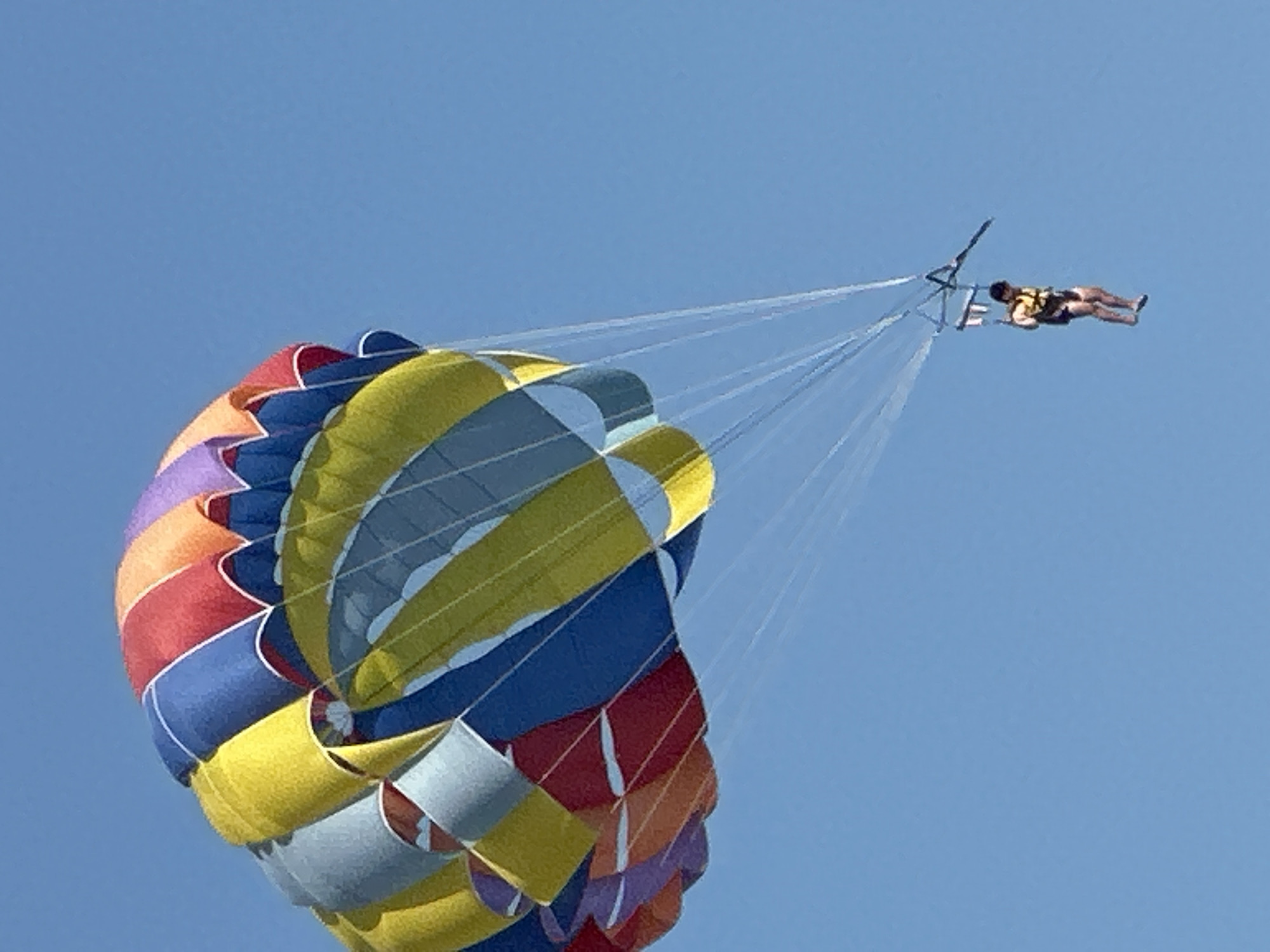 The image shows a person parasailing against a clear blue sky. The parasail is large and colorful, with segments of red, yellow, blue, orange, purple, and white. The person is wearing a yellow life vest and dark shorts, and is suspended from the parasail by a harness and tow lines. The person is oriented horizontally, appearing to be in mid-flight. A metal tow bar is visible, connecting the harness to the tow lines. The scene suggests a sunny day, likely during daylight hours, with no clouds visible. The clear sky and the activity of parasailing suggest a recreational setting, possibly a beach or a coastal area. The location context is Boreti, Montenegro, which implies a seaside resort area. No text is visible in the image.