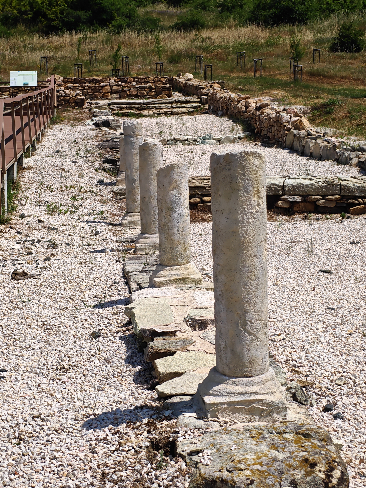 The image displays an archaeological site in Svirachi, Bulgaria, observed under direct sunlight. No individuals or animals are present in the scene. The ground is predominantly covered by small, light-colored, angular gravel, interspersed with sparse green herbaceous growth.

A row of five weathered, cylindrical stone columns, varying in height and exhibiting a light beige coloration, extends diagonally from the lower right foreground towards the midground. Each column is set on a discernible base. Parallel to these columns, on the right side of the frame, a low wall constructed from rough-cut stones runs, then curves towards the right periphery.

On the left side of the image, a reddish-brown wooden boardwalk equipped with railings extends into the midground, running parallel to the column line. Further back, an information board, white with graphic content including text and a map, is mounted on a stand positioned near the wooden boardwalk. Behind this, a more substantial dry-stone wall, constructed from larger, irregularly shaped stones, spans across the midground.

The background consists of a gently sloping grassy hillside. Scattered across this hillside are small, nascent trees, several of which are supported by distinct square wooden frames. The upper section of the background reveals a dense cluster of dark green foliage, indicative of a forested area or thick shrubbery. Direct sunlight illuminates the scene, creating sharply defined shadows cast by the columns and other structures upon the gravel surface.