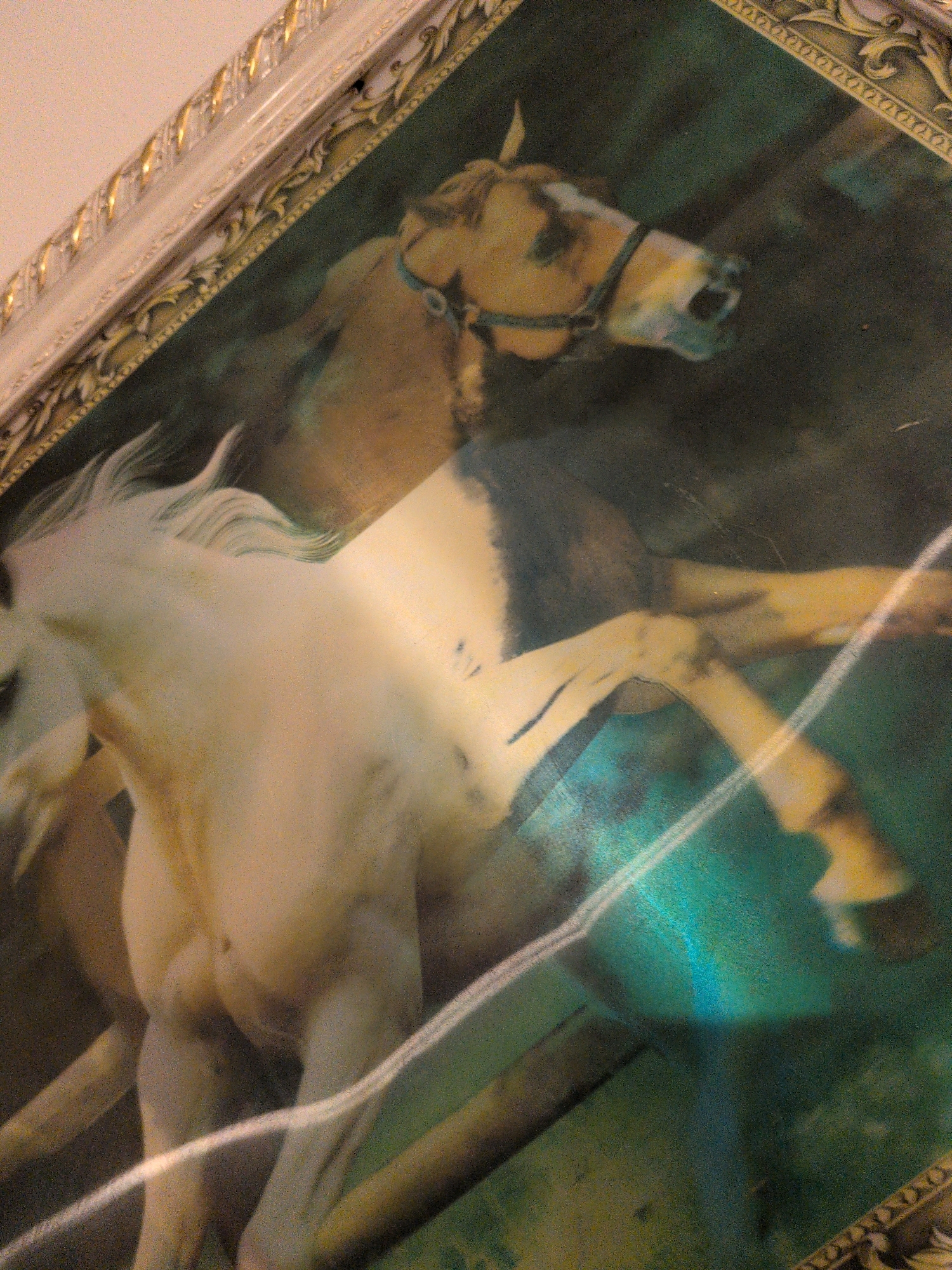 The image is a close-up, angled shot of a framed painting of two horses. The painting is framed by a decorative, ornate border, partially visible at the top and right edges of the image. The painting itself depicts a brown and white horse in the foreground, with a second, predominantly brown horse in the background. The horses appear to be in motion, with their manes and tails flowing. The background of the painting is dark and indistinct, with hints of green and blue, possibly representing a natural environment. There is a strong reflection on the surface of the painting, obscuring parts of the image, particularly the lower half. The lighting in the scene appears to be artificial, casting a warm glow on the painting and frame. The overall impression is of an artwork displayed indoors, possibly in a home or gallery setting within the city of Oxford, United Kingdom.