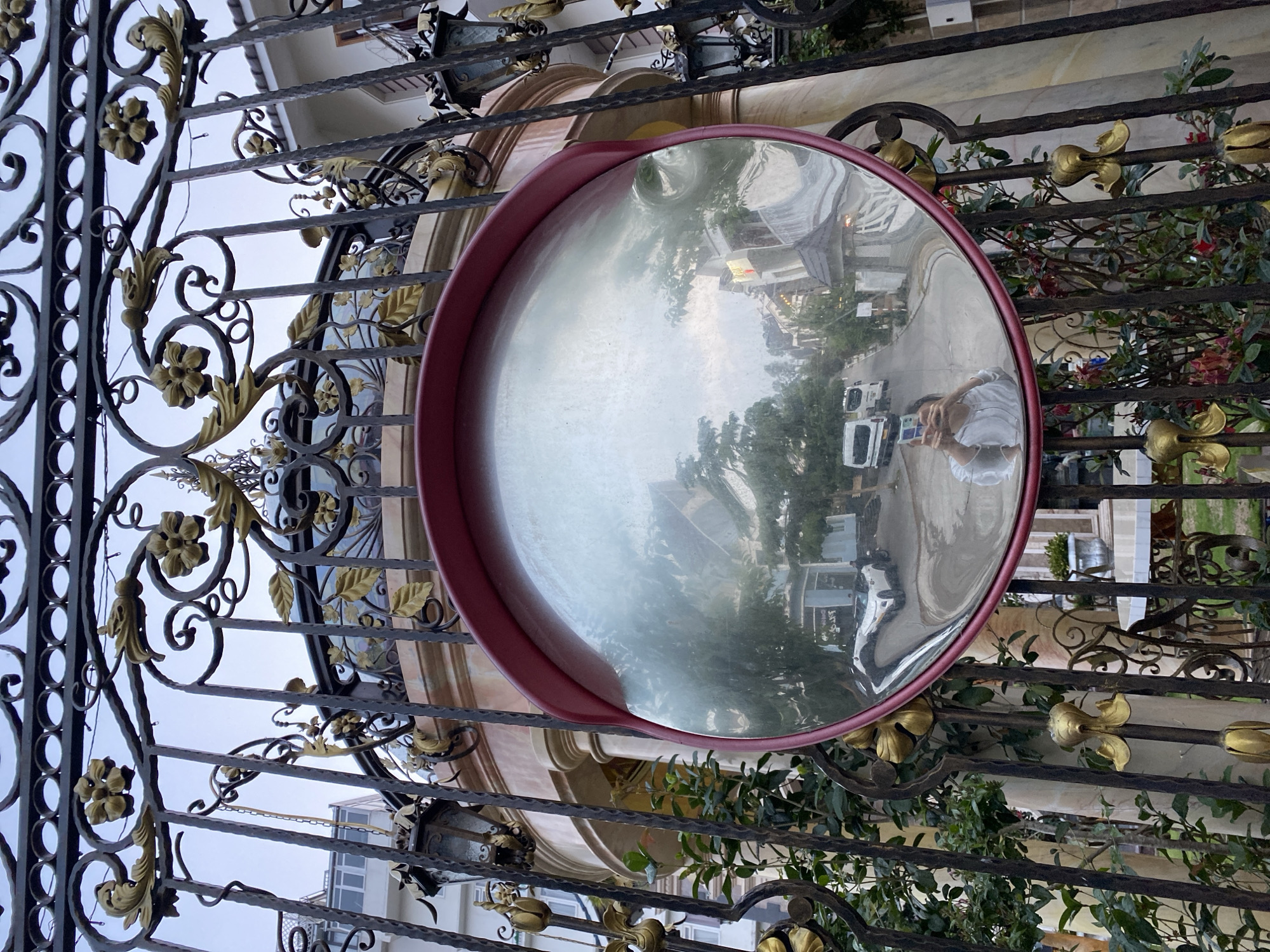 A convex security mirror with a red frame is attached to a black wrought-iron gate. The gate is adorned with gold-colored floral motifs and has green foliage growing around it. The mirror reflects a street scene with buildings, trees, and vehicles. A person is visible in the reflection, holding a smartphone. The image appears to have been taken in Da Lat, Vietnam.