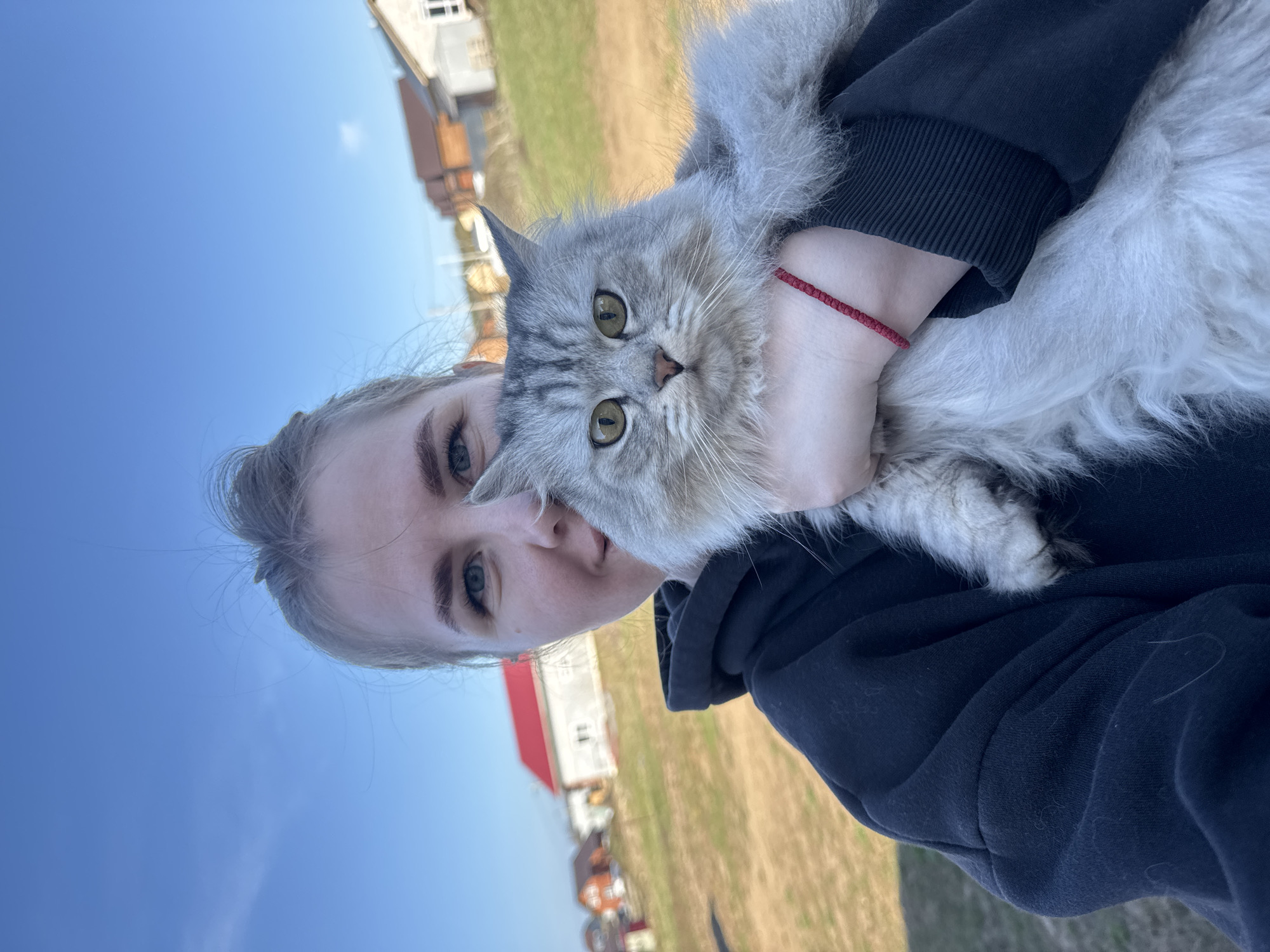 A person is holding a long-haired gray and white cat in their arms. The person is wearing a dark-colored hooded sweatshirt and has fair skin, blonde hair pulled back, and blue eyes. A red string bracelet is visible on their wrist. The cat has green eyes and is looking directly at the camera.
The background includes a blue sky and a grassy field. A few buildings are visible in the distance, including a white building with a red roof. This scene is in Ферма, Russia.