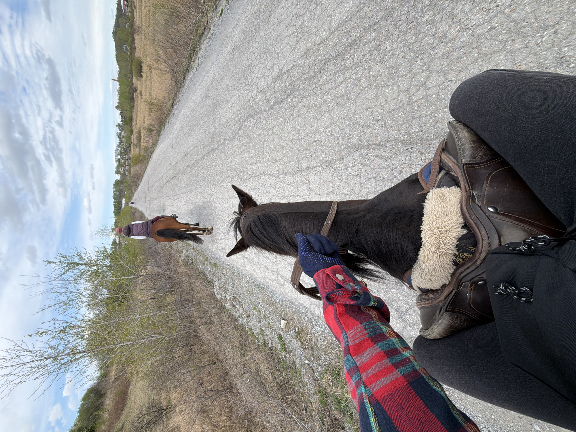 A first-person perspective shot shows a person riding a dark-colored horse on a cracked asphalt road. The rider is wearing black leggings, a brown leather saddle with a cream-colored lining, and a red and blue plaid shirt with blue gloves. A second person on a brown horse is riding ahead. The surrounding environment includes dry vegetation and a cloudy sky. The location is Теплоозёрск, Russia.