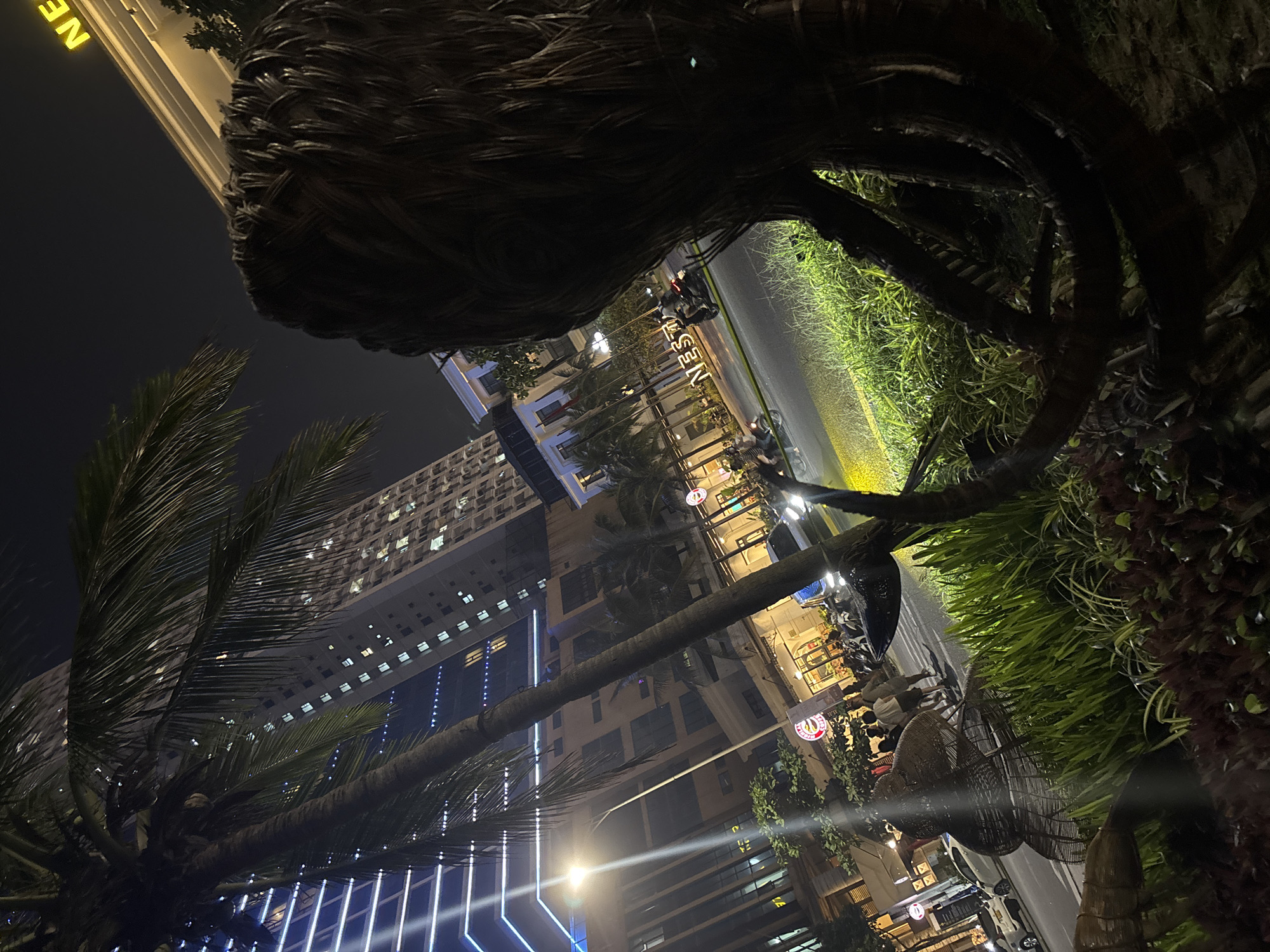 The image depicts a nighttime scene in Đà Nẵng, Vietnam. It is framed by a dark, organic shape in the foreground, possibly a sculpture made of dark material resembling branches. Beyond this, there is a street with the word "NEST" spelled out in large illuminated letters. The street features traffic including motorcycles and cars, with storefronts lining the sides, some visible with their lights on and people present. A tall building with many windows is visible in the background, also illuminated. Palm trees are seen, with their fronds extending into the frame. A series of bright, vertical white lines, likely part of building's decorative lighting, adds to the modern urban landscape. The overall setting is that of a busy city at night.