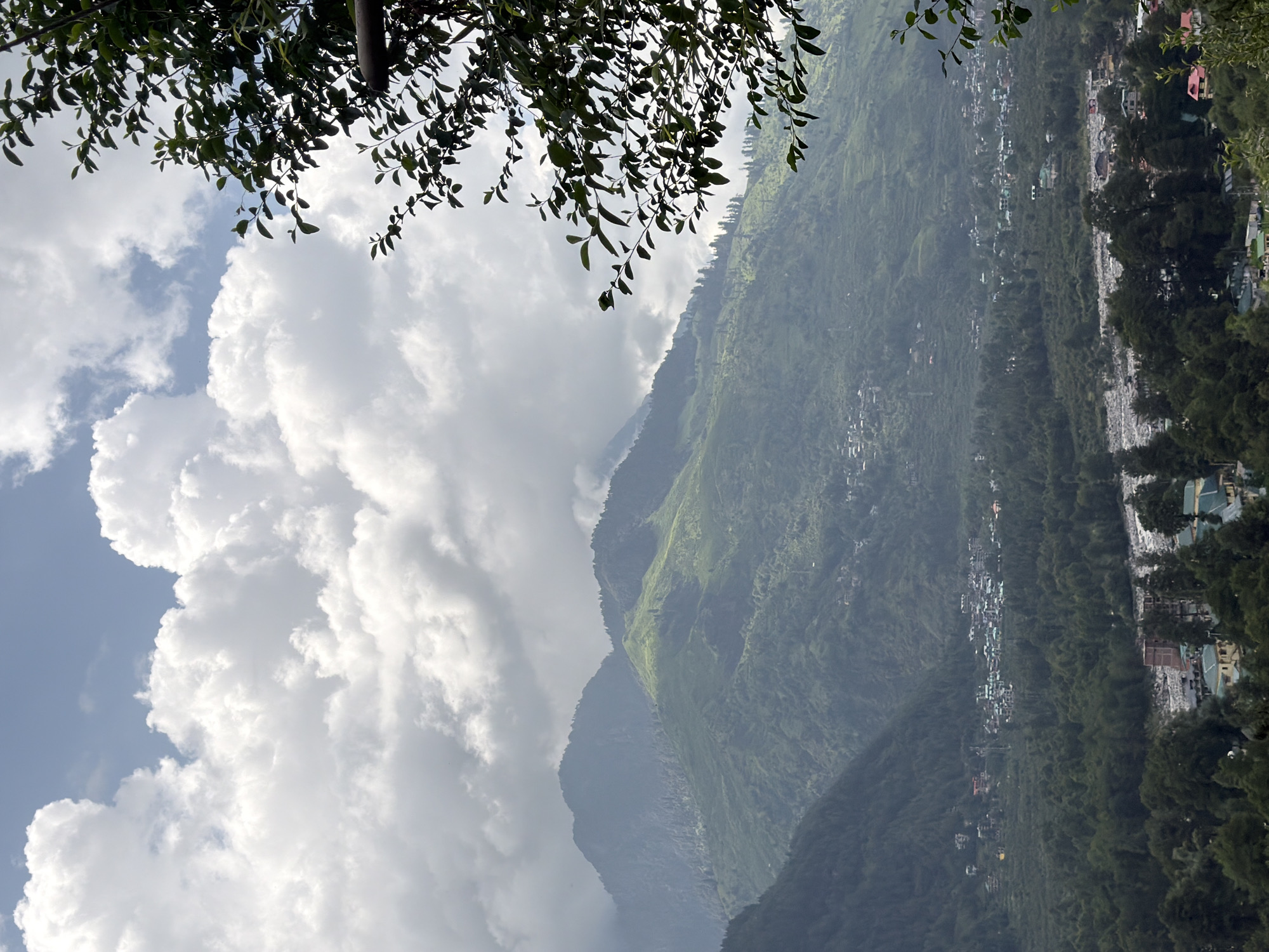An aerial view captures a lush, mountainous landscape in Vashisht, India, under a cloudy sky. In the foreground, dark green foliage frames the scene on the right, partially obscuring the view. The midground reveals steep, verdant hills dotted with small settlements, showcasing terraced farming or natural vegetation. A riverbed, possibly dry or with minimal water, cuts through the valley floor, bordered by dense green forests. Further into the valley, a cluster of buildings, indicating a town or village, is visible, with a mix of traditional and modern architecture. The background is dominated by larger, mist-shrouded mountains, creating a sense of depth and scale. The overall impression is one of natural beauty and a remote, mountainous settlement.