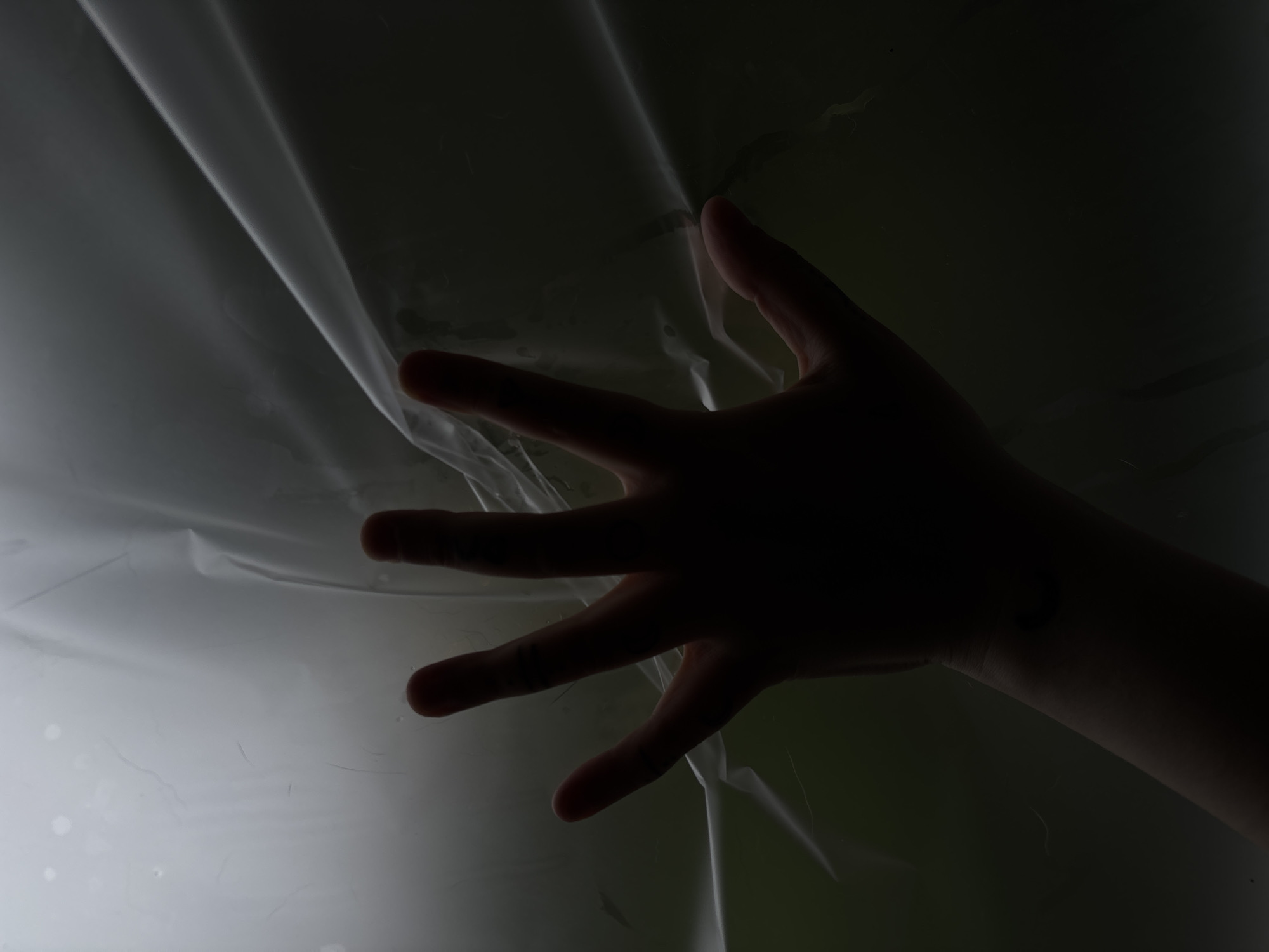 A close-up, low-angle, silhouette shot shows a human hand pressing against a translucent, light-colored material, possibly plastic sheeting or a frosted glass barrier. The hand is mostly in shadow, with five fingers spread open. The background is a dark, muted green, suggesting an outdoor environment at dusk or in low light. The material has wrinkles and appears to be thin and flexible, with some faint smudges or marks visible on its surface. The scene is devoid of any specific St. Petersburg landmarks or context.