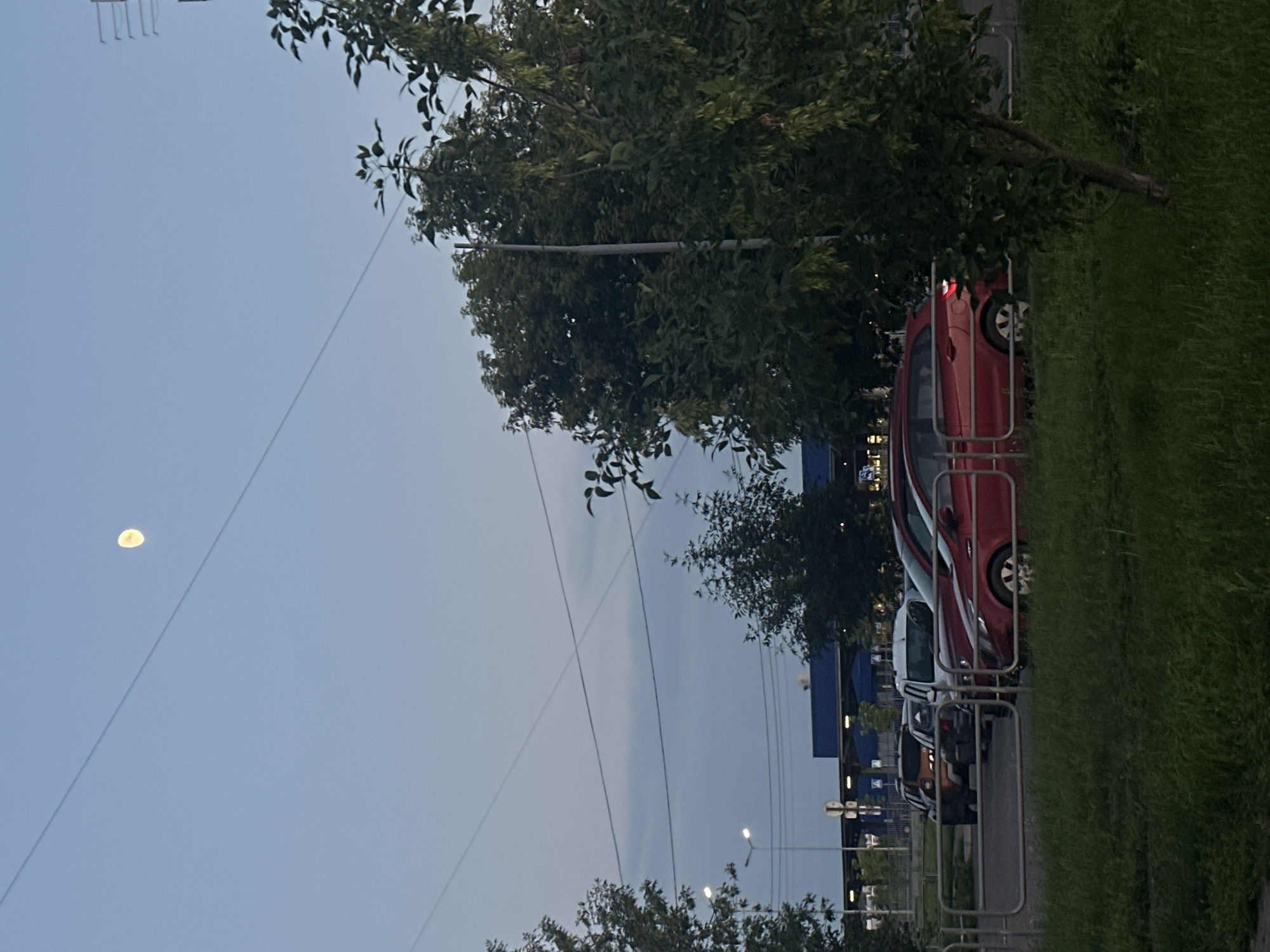 The image depicts a street scene at dusk in Magnitogorsk, Russia. The sky is a pale blue with some light cloud cover, and a visible moon is present, indicating it is likely evening. A few power lines crisscross the sky. On the right side of the image, a row of parked cars is visible, including a red car prominently in the foreground. The cars are parked along a grassy area with a metal railing separating the grass from what appears to be a sidewalk or parking area. Trees with green foliage are scattered throughout the scene, some casting shadows. In the background, a blue building with signage is partially visible, along with streetlights. The overall impression is a quiet evening in a residential or commercial area. There are no people visible in the image.