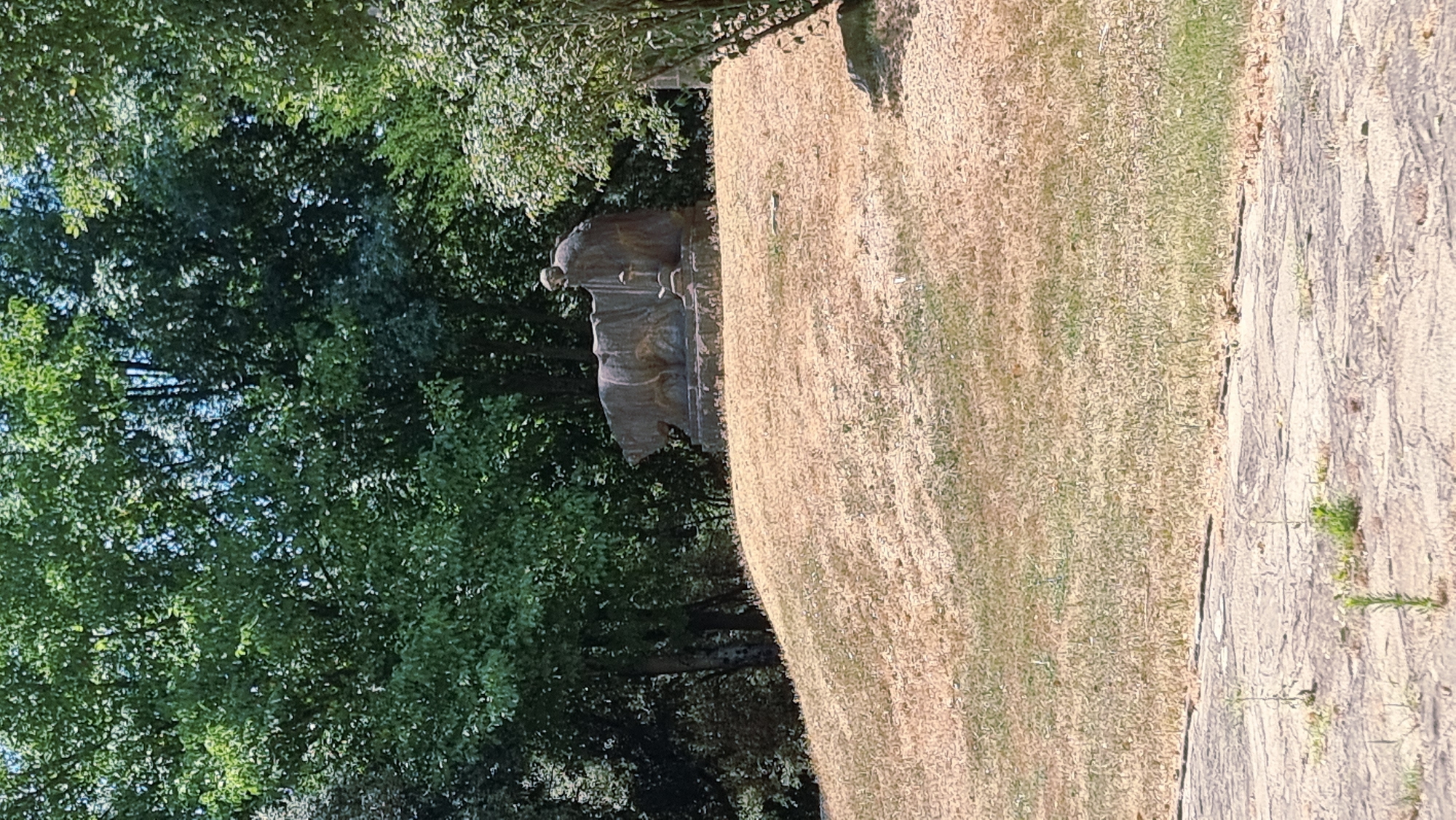 The image shows a monument of a wolf suckling two children, possibly a depiction of Romulus and Remus. The sculpture is made of stone and is situated on a grassy hill, surrounded by trees. The area appears to be a park or cemetery. The lighting suggests it is daytime. The monument is centrally located on the hill.