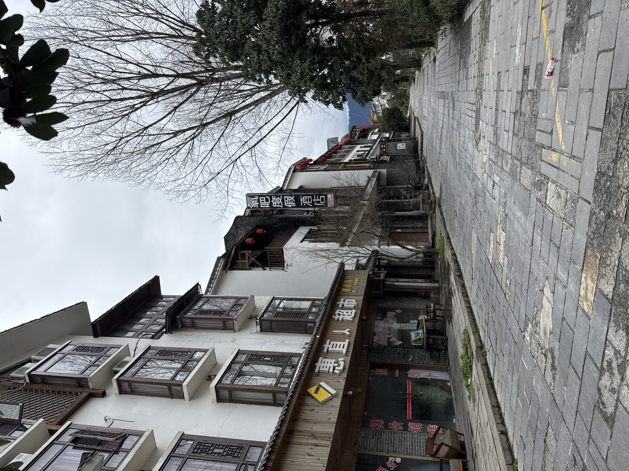 The scene depicts a deserted street in Wulingyuan, China, under an overcast sky. The street, paved with uneven grey rectangular stone pavers, recedes into the distance, flanked by multi-story buildings on the left and a line of trees and shrubs on the right.
On the left, the buildings feature white stucco walls with dark wooden window frames and trim, often incorporating bay windows, some with traditional latticework. Air conditioning units are visible on upper facades. The ground level of the nearest building features a "惠真人 超市" (Huizhen Supermarket) sign with a yellow rhombus logo, and brick-patterned lower walls behind glass storefronts displaying Chinese characters such as "裸价销售" (Bare Price Sale). Old wooden chairs and tables are placed outside these storefronts. Further down, another building displays a vertical sign for "氧吧度假酒店" (Oxygen Bar Resort Hotel) and features balconies adorned with red lanterns.
The street pavement shows signs of wear, with cracks, lighter-colored patches, and yellow painted lines. A discarded red and white plastic bottle lies on the street. Small patches of green vegetation emerge from cracks along the curb and in the pavement.
On the right, a large deciduous tree with bare branches dominates the mid-ground, suggesting a winter or early spring season, while evergreen trees and shrubs line the street, forming a natural barrier. In the distant background, hazy mountains are discernible beneath the cloudy sky. No people, vehicles, or apparent activity are present in the frame.