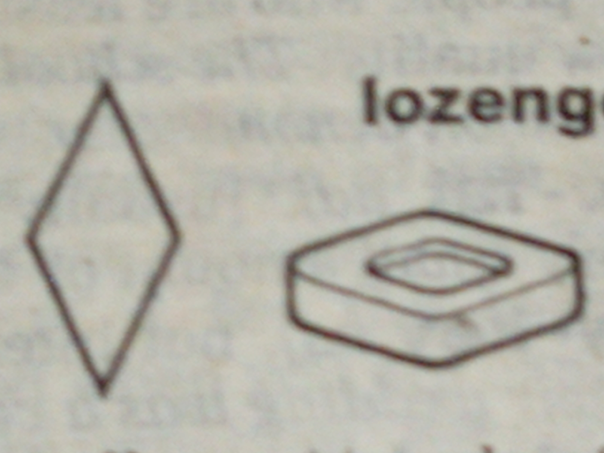 The image shows a drawing of a lozenge shape and a 3D depiction of a lozenge-shaped object with a hole in the center. The word "lozenge" is partially visible above the 3D object. There is no information in the image to suggest it is located in Owerri, Nigeria, or any other location.