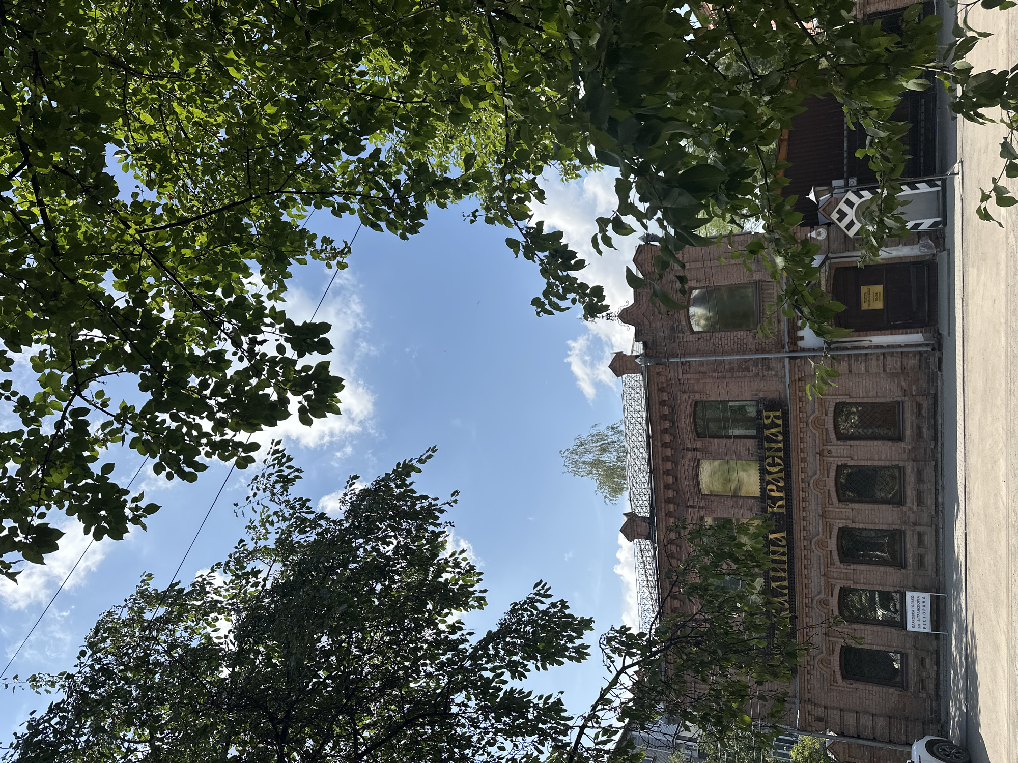 The image captures a historical brick building in Biysk, Russia, framed by lush green trees. The building features arched windows with decorative grilles on the lower level and rectangular windows on the upper level. A prominent golden sign with Cyrillic lettering, reading "КАЛИНА КРАСНАЯ" (Kalina Krasnaya), is affixed above the ground-floor windows. A small white sign with black text is visible near the left side of the building. To the right, a striped, small booth stands next to a streetlamp. The sky above is a bright blue with scattered white clouds. Power lines are visible crisscrossing the sky, partially obscured by tree branches. The overall scene suggests a sunny day in a city setting with a blend of historical architecture and natural elements.