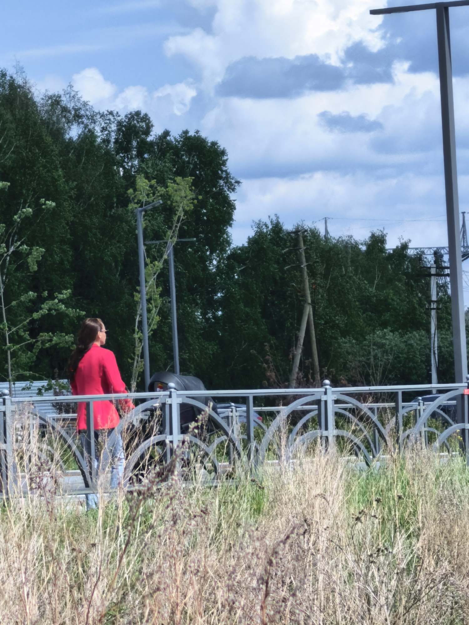 A woman in a red jacket and light blue jeans is standing next to a metal railing. There is a black object with wheels next to her. In the background are green trees, utility poles, and a cloudy sky. Tall, dry grasses are in the foreground.