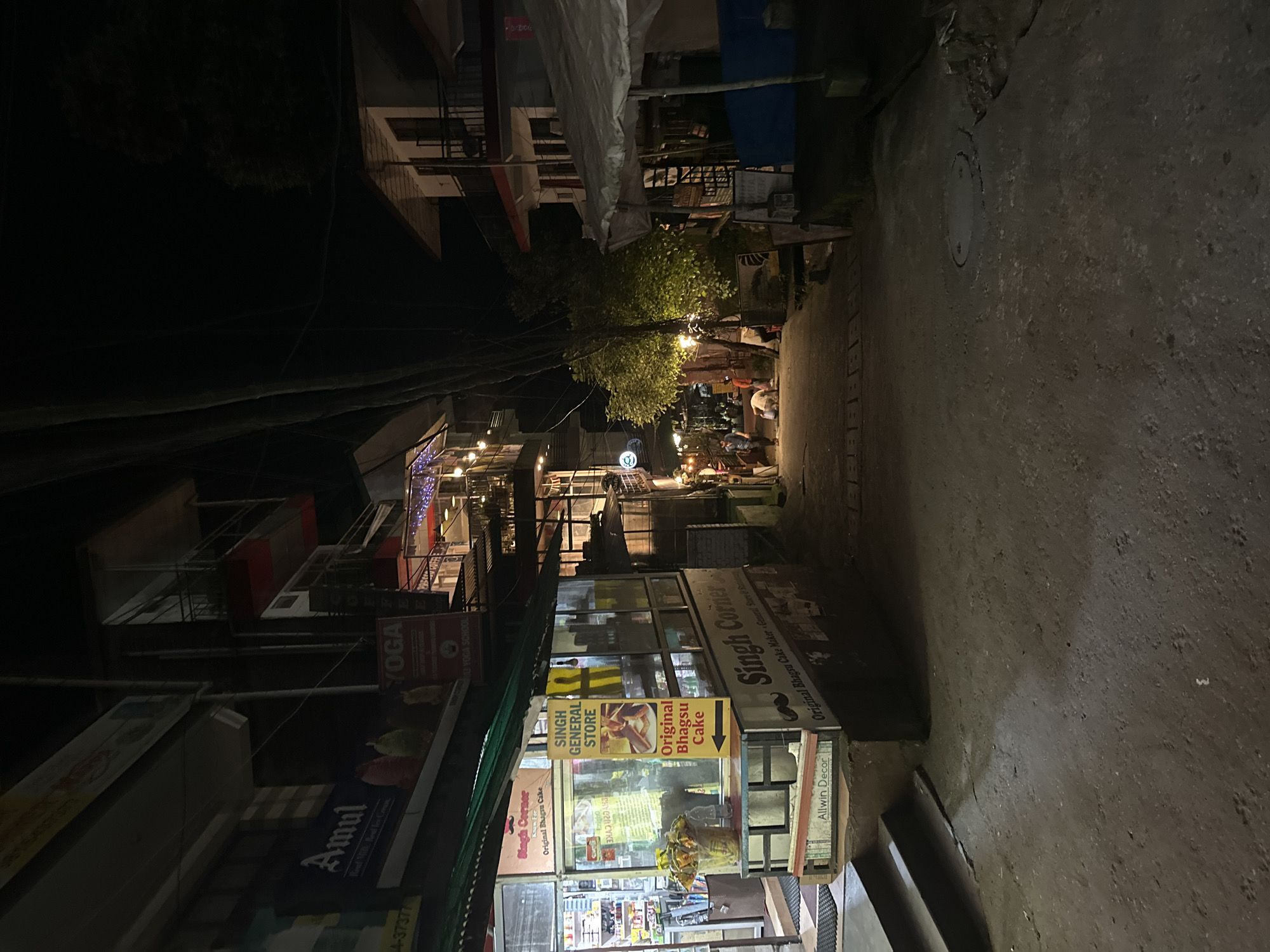 The image shows a narrow street at night in an urban setting. On the left, there is a store with a green awning and a sign that says "Singh Corner" and "Singh General Store". The store has shelves visible inside, stocked with various items. A yellow sign with a picture of cake indicates "Original Bhagsu Cake". Below this is another sign that reads "Allwin Decor". Further up the street on the left, a sign for "Amul" and "YOGA" are visible.
The street itself is paved with a rough surface. To the right of the stores, a pathway or street continues, flanked by buildings. There are lights illuminating parts of the street and buildings. Several trees with illuminated leaves are visible in the mid-ground.
In the mid-ground, two individuals are present on the street. One person appears to be leaning down, possibly interacting with something on the ground, while another person stands nearby. A white dog is also visible on the street.
The buildings on the right are multi-story structures with balconies. Some have lights on, indicating activity within. A white tarp is covering an area in the foreground on the right. The overall atmosphere is dimly lit, suggesting nighttime, with artificial lighting from the establishments and streetlights.