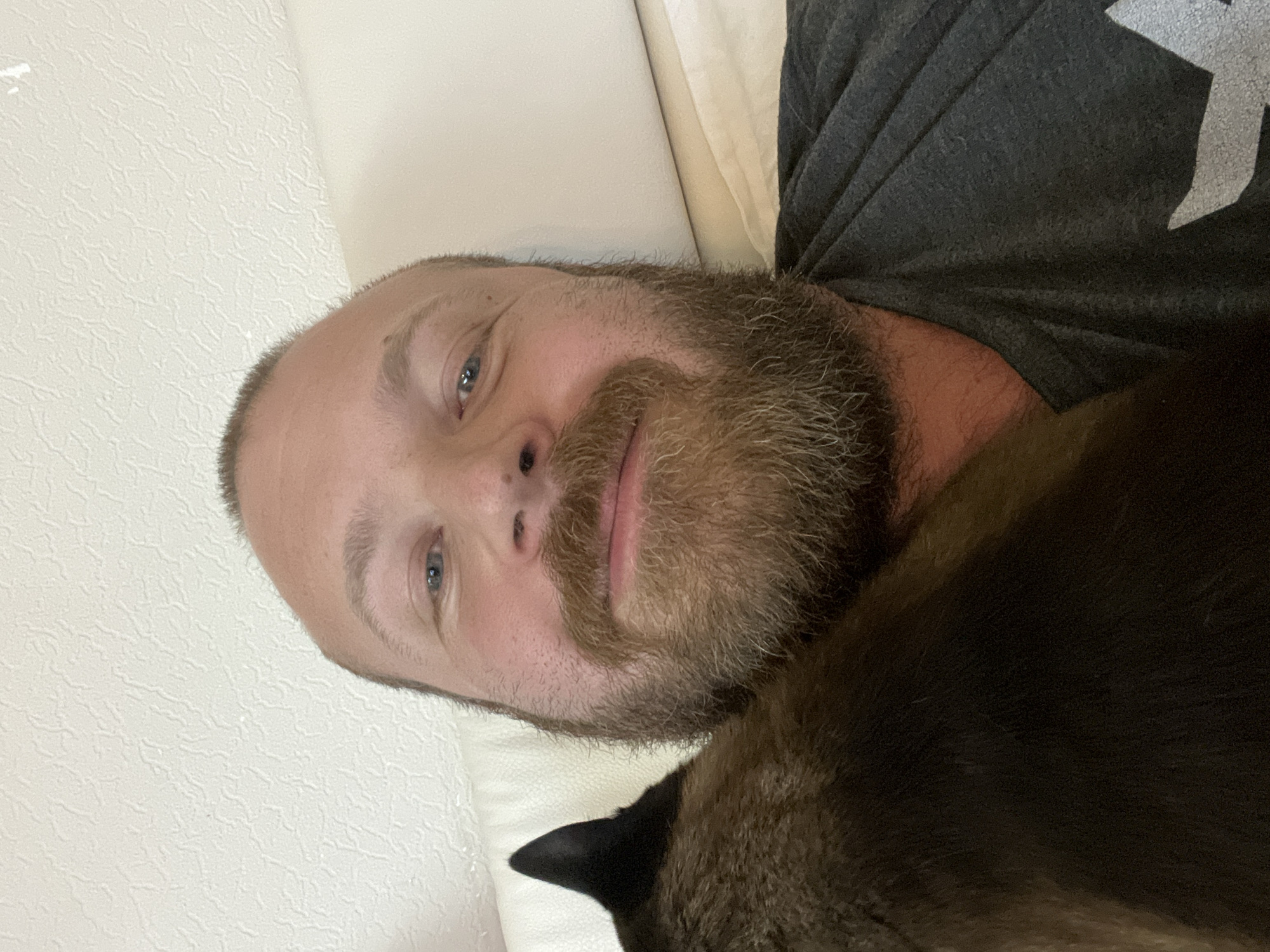 A man with a beard is lying on a light-colored surface, possibly a bed or couch, and appears to be holding a dark-furred cat. The man is wearing a dark gray t-shirt. The background consists of a textured off-white wall. There is no information to suggest the location is in Noviy, Russia.