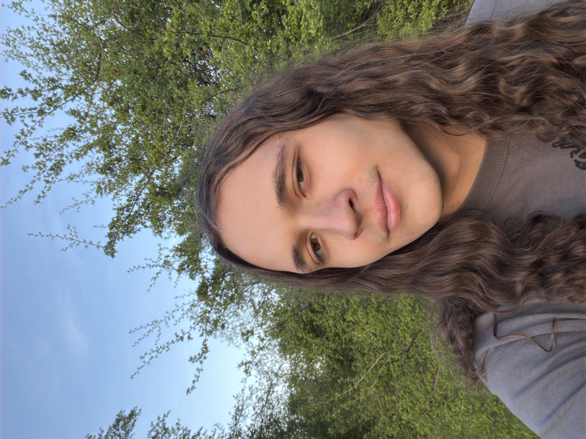 A young man with long, wavy brown hair and fair skin is photographed outdoors, likely in Sofia, Bulgaria given the request. He is wearing a gray t-shirt. The background consists of a blue sky with a tree branches with green leaves. The photograph is taken from a low angle, rotated to show the man's face.