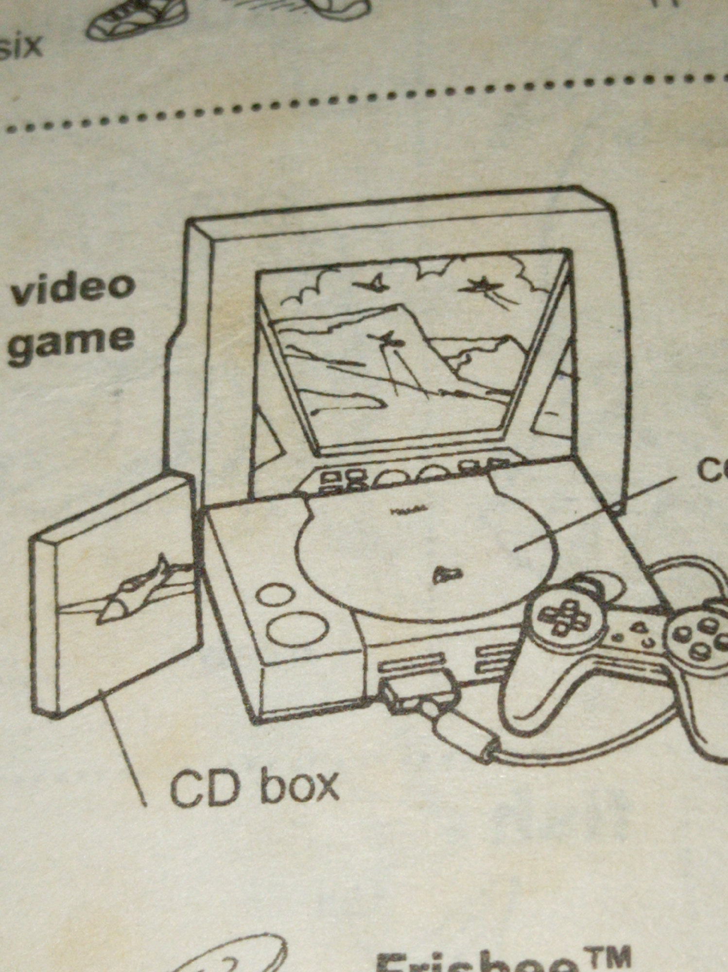 The image is a line drawing of a video game console, a game controller, a CD box, and a screen. The game console appears to be a first-generation PlayStation. The CD box is depicted to the left of the console, and the controller is on the right. The screen shows a landscape with what looks like airplanes. The words "video game" and "CD box" are written next to the depicted objects. The word "six" is written above the drawing along with a shoe and other graphics. The city of Owerri, Nigeria is not referenced in the image.