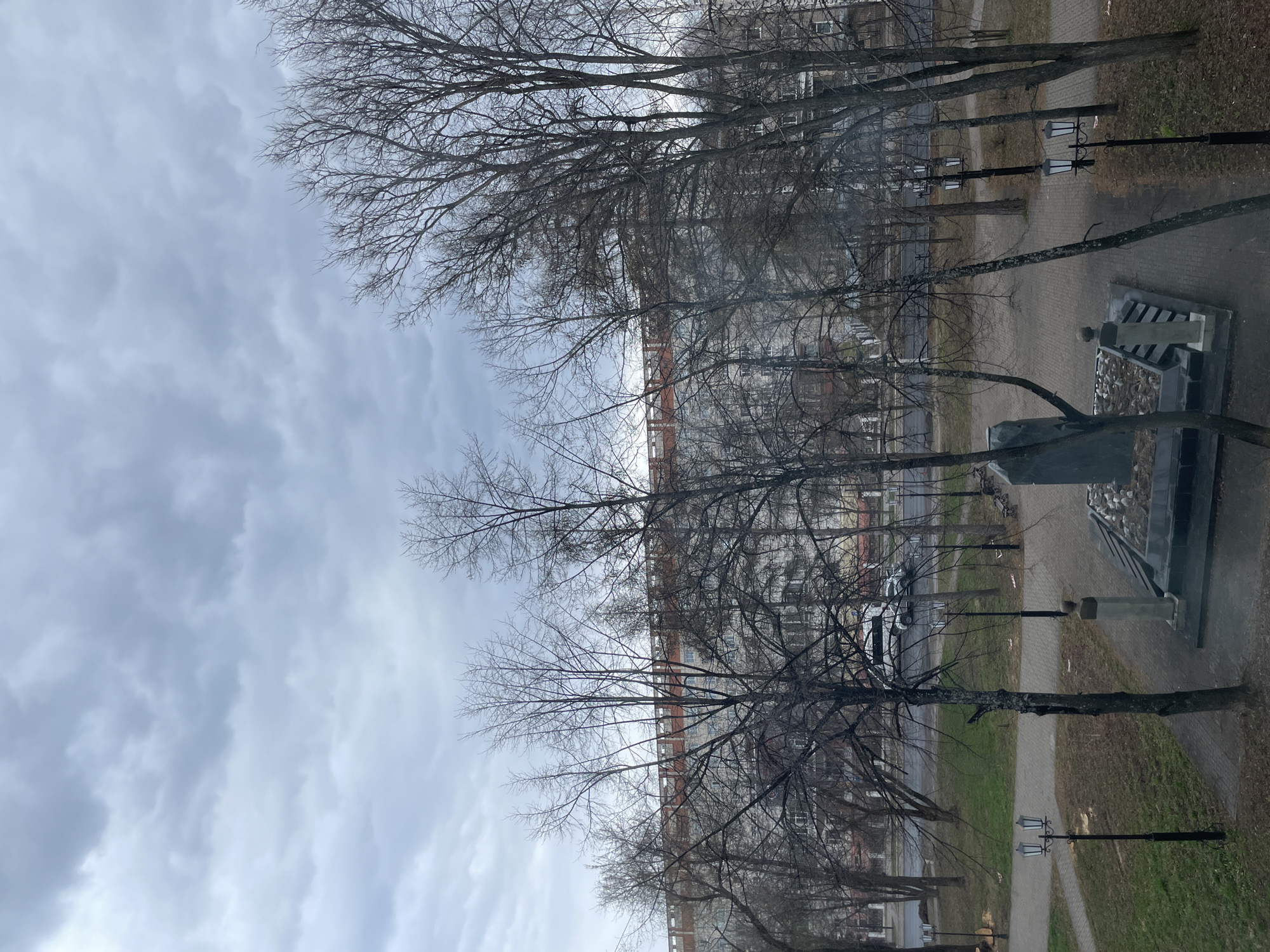 The image shows an urban view in Chaikovsky, Russia on an overcast day. Bare trees dominate the foreground and middle ground. Behind the trees, a multi-story brick building can be seen. In the bottom right of the frame, there is a monument or memorial structure on a paved area. Streetlights are spaced along a pathway beside patches of grass. A road with vehicles is visible between the trees. The sky is uniformly grey and cloudy.