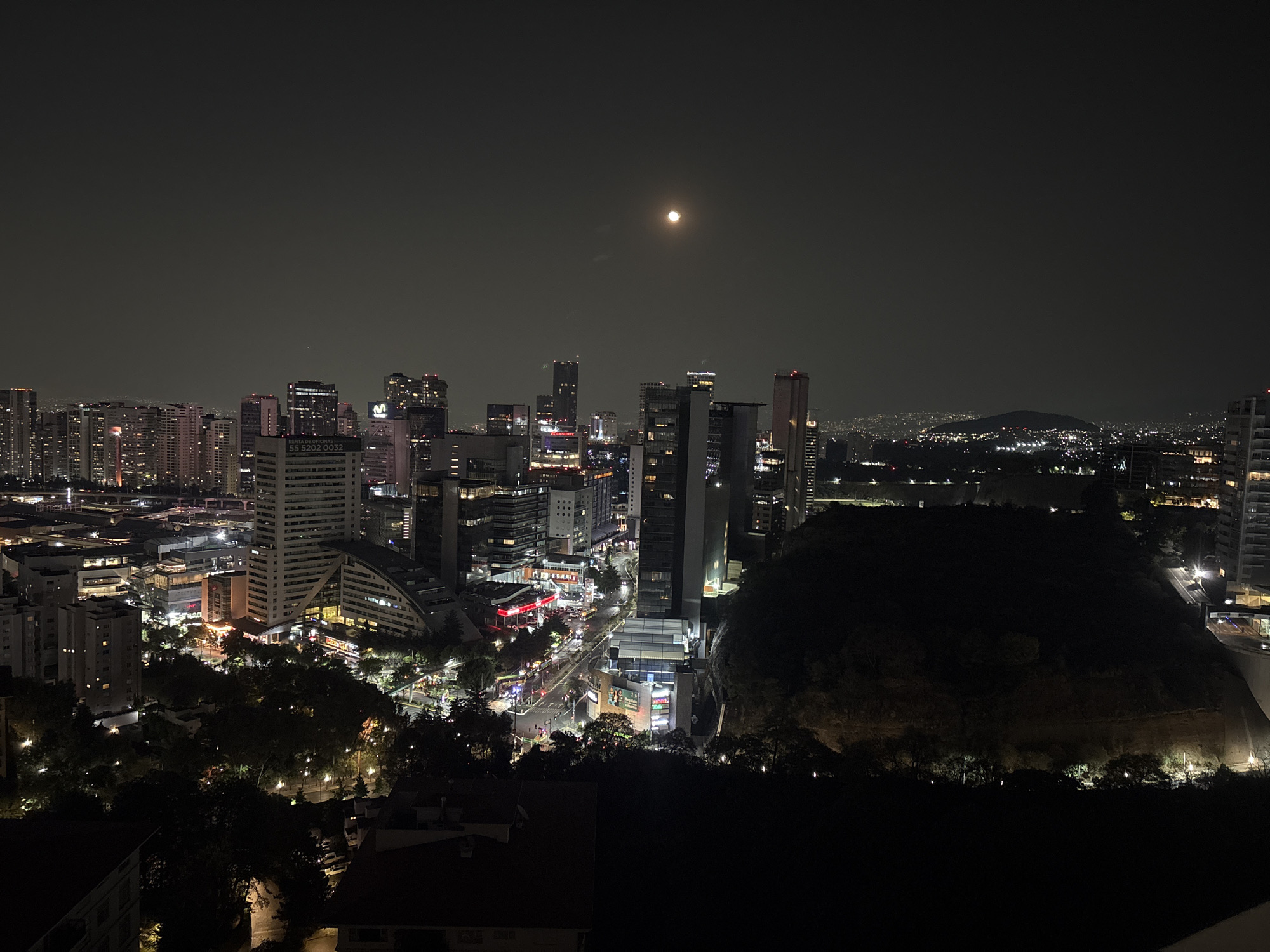 An aerial view depicts a nighttime urban landscape beneath a dimly lit sky with a visible moon. The cityscape features an array of illuminated buildings, varying in height and design, interspersed with streets showing light trails from vehicles. The foreground reveals vegetation obscuring portions of the scene. The image appears to be taken from a high vantage point overlooking the city. Given the architecture and urban layout, the location is identified as Mexico City, Mexico.