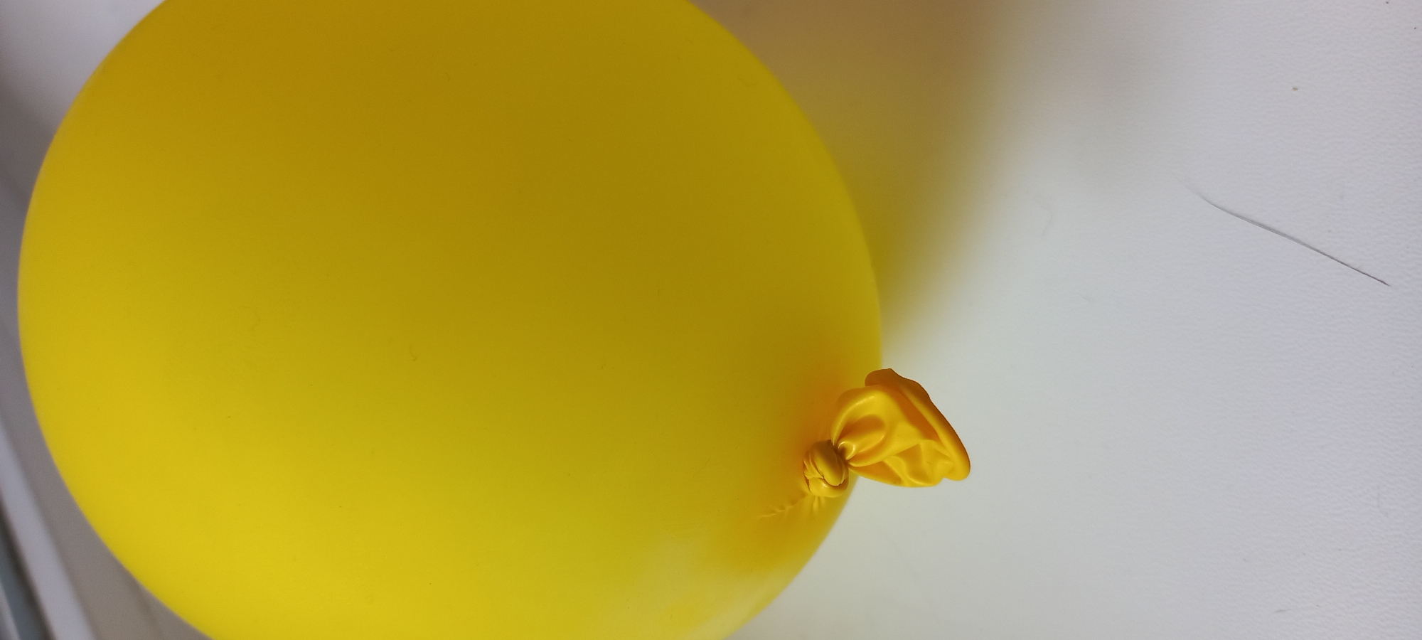 A single, inflated, matte yellow latex balloon is positioned prominently against a light-colored background. The balloon is spherical, with its knotted neck oriented towards the lower left, resting on a flat, textured white surface. The knot is tightly formed, creating a distinctive, crumpled yellow protrusion. A soft shadow is cast by the balloon onto the white surface, extending from its base towards the lower right. The upper portion of the balloon shows minor surface imperfections, possibly dust or slight abrasions. In the lower right quadrant of the white surface, a single, thin, dark, curved filament, resembling a hair or fiber, is visible. The background above and to the left of the balloon is out of focus, revealing indistinct light tones, possibly indicative of an indoor setting with diffused ambient light. No individuals or discernible actions are present in the frame.