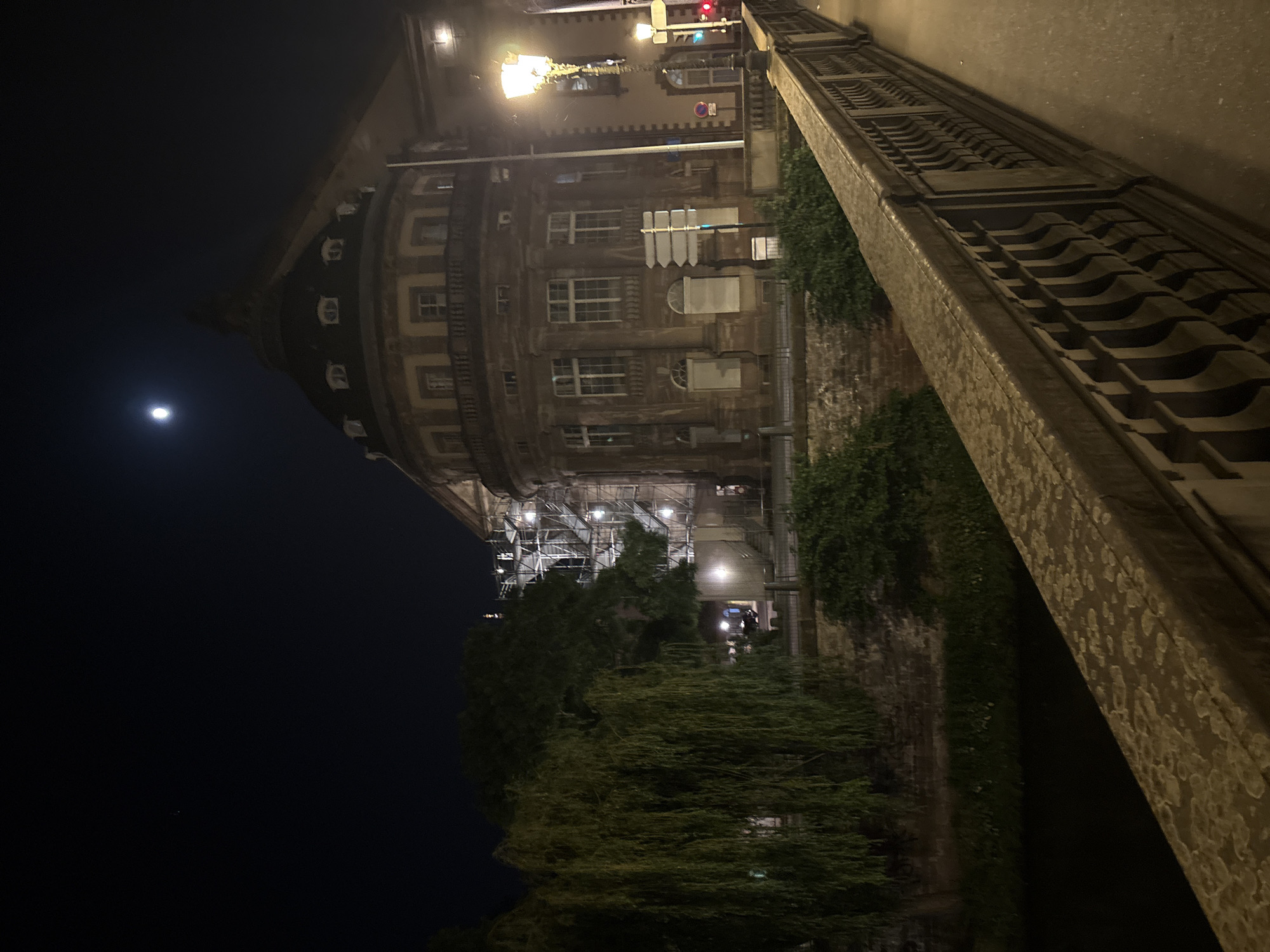The image depicts a night scene in Strasbourg, France, likely along the canal. A multi-story, curved building with numerous windows dominates the scene, illuminated by streetlights. Scaffolding is visible around the base of the building. A bridge with a detailed railing runs along the right side of the frame, partially obscuring the view of a canal or waterway below. Vegetation, including trees and bushes, lines the water's edge. The moon is visible in the dark sky. Traffic lights are visible at the upper right. There are no people directly visible in the frame.