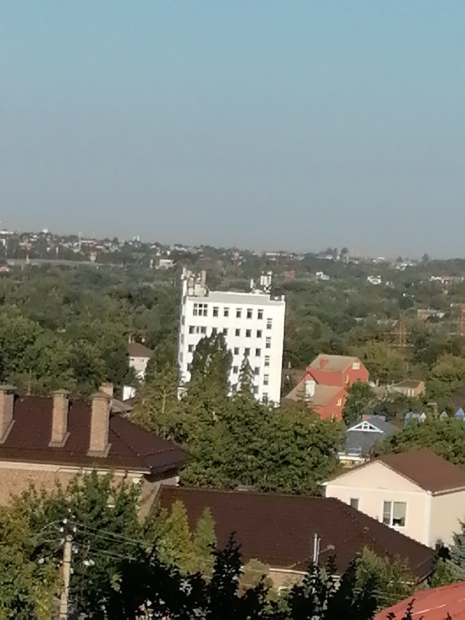 The image depicts a panoramic view of a cityscape, likely Rostov-on-Don, Russia, with a clear, pale blue sky dominating the upper portion. In the middle ground, a tall, white, multi-story building with many windows stands out against a backdrop of dense green trees. To the right of this building, a bright red house with a lighter colored roof is visible, and further in the distance, other buildings of various colors and sizes are scattered amongst the trees and appear to be part of a suburban or residential area. The foreground is occupied by the dark brown roofs of several houses, some featuring prominent brick chimneys. The overall impression is that of a sunny day in a city with abundant greenery, where modern buildings coexist with older residential structures. There are no people or active events depicted in the image; it is a static scene of urban landscape.
