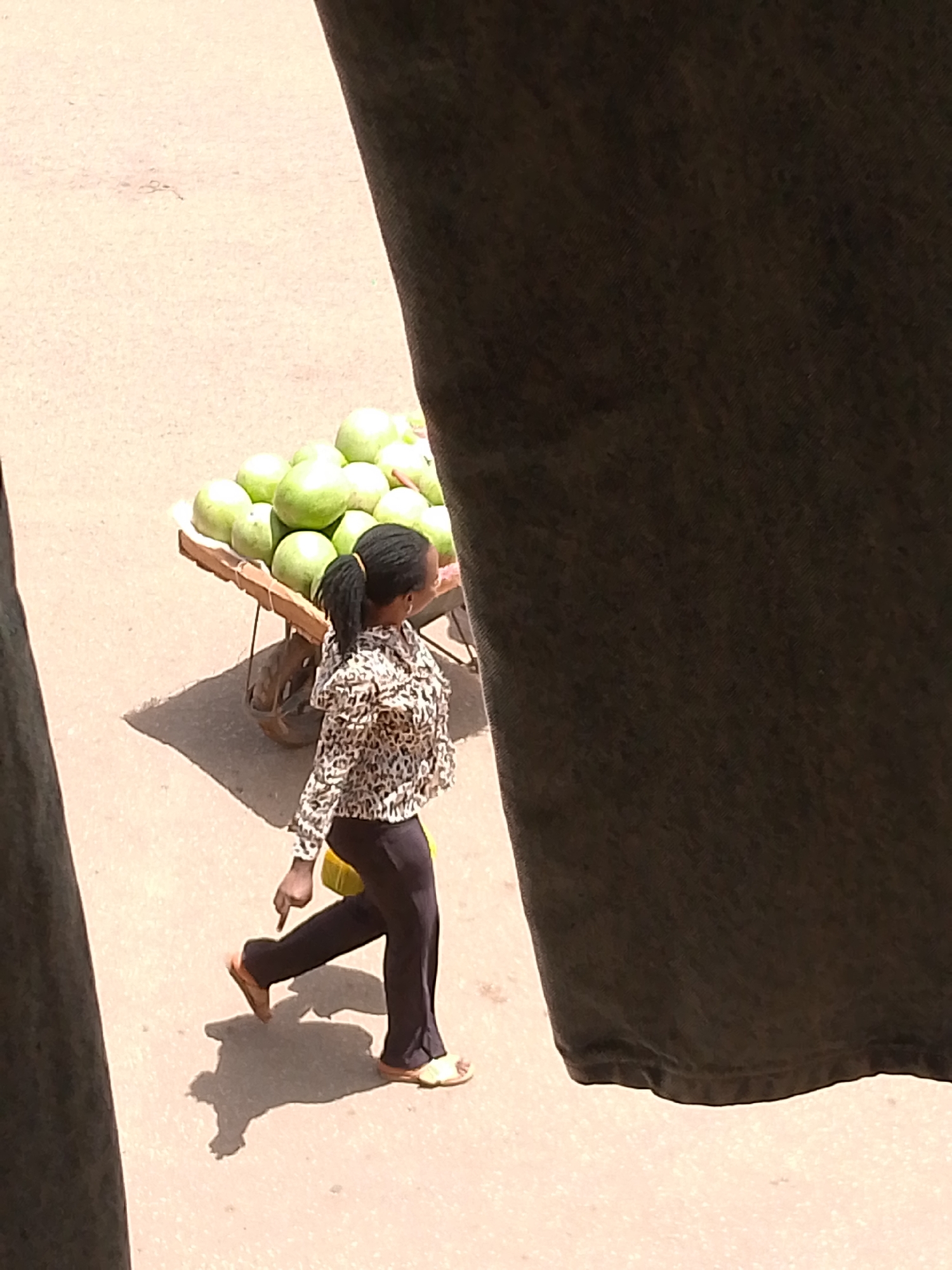 An eye-level outdoor shot shows a woman pulling a small cart full of green, round fruits on a beige, paved ground in an area presumed to be Bukuru, Nigeria. The woman is facing away from the viewer, angled towards the right side of the frame. She has dark hair pulled back in a ponytail and is wearing a tan and black patterned shirt and dark pants. The cart, made of wood, is filled with tightly packed green fruits, casting a shadow on the ground. Parts of a dark curtain or fabric hang down on both the right and left sides of the frame, partially obscuring the scene. The overall lighting suggests a sunny day.