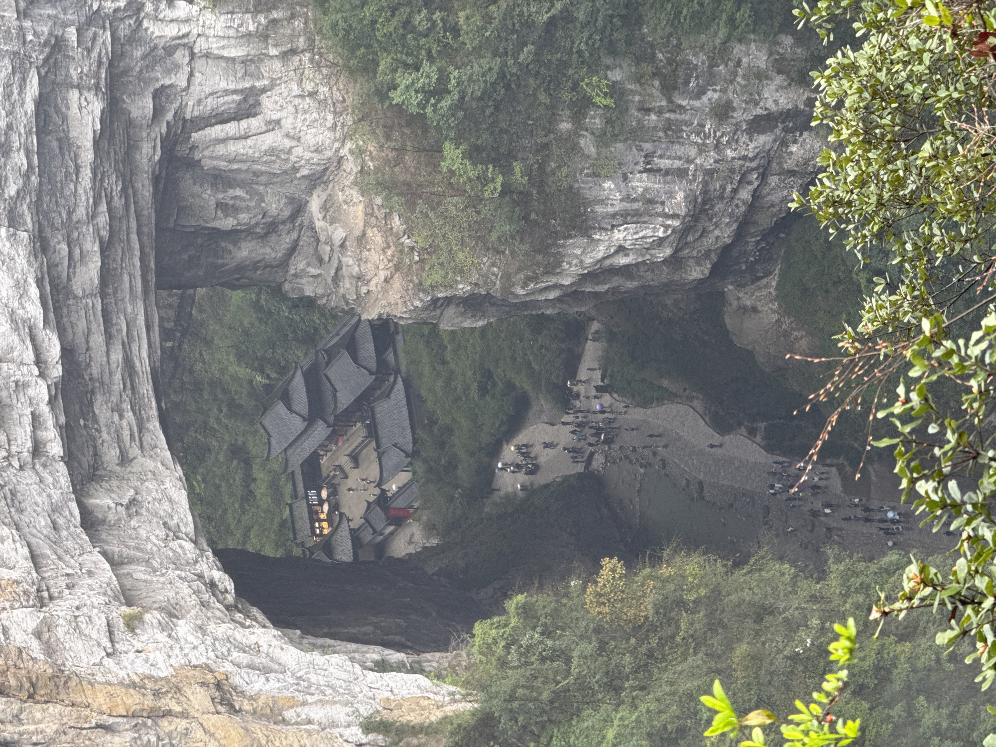 The image shows a deep gorge with steep cliffs in Wulong District, Chongqing, China. At the bottom of the gorge are buildings with dark tiled roofs, resembling a traditional village or town. A pathway with numerous people is visible, suggesting a tourist attraction. The cliffs are rugged and covered in patches of vegetation. Some green foliage is visible in the foreground, partially obscuring the view.