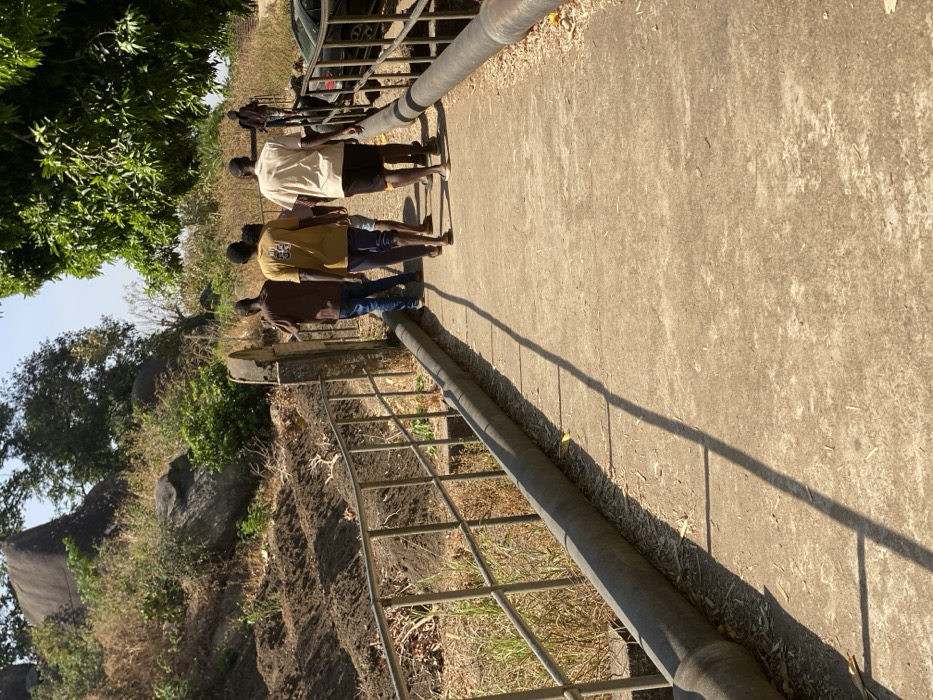 The image depicts a group of at least five adult males walking away from the camera along a concrete pathway or bridge in Kpak, Nigeria, under bright daylight conditions. The pathway is flanked by silver-colored metal handrails and large, dark grey pipes on both sides. To the left of the pathway is a sloped, cultivated area with dark, mounded soil, interspersed with dry vegetation and green bushes, leading up to large grey rock formations under a clear sky. A tree with vibrant green foliage is visible on the upper right, casting shadows onto the path. On the far right, beyond the pathway, a dark-colored car is partially visible. The individuals are dressed in casual attire, including t-shirts, jeans, and shorts.
