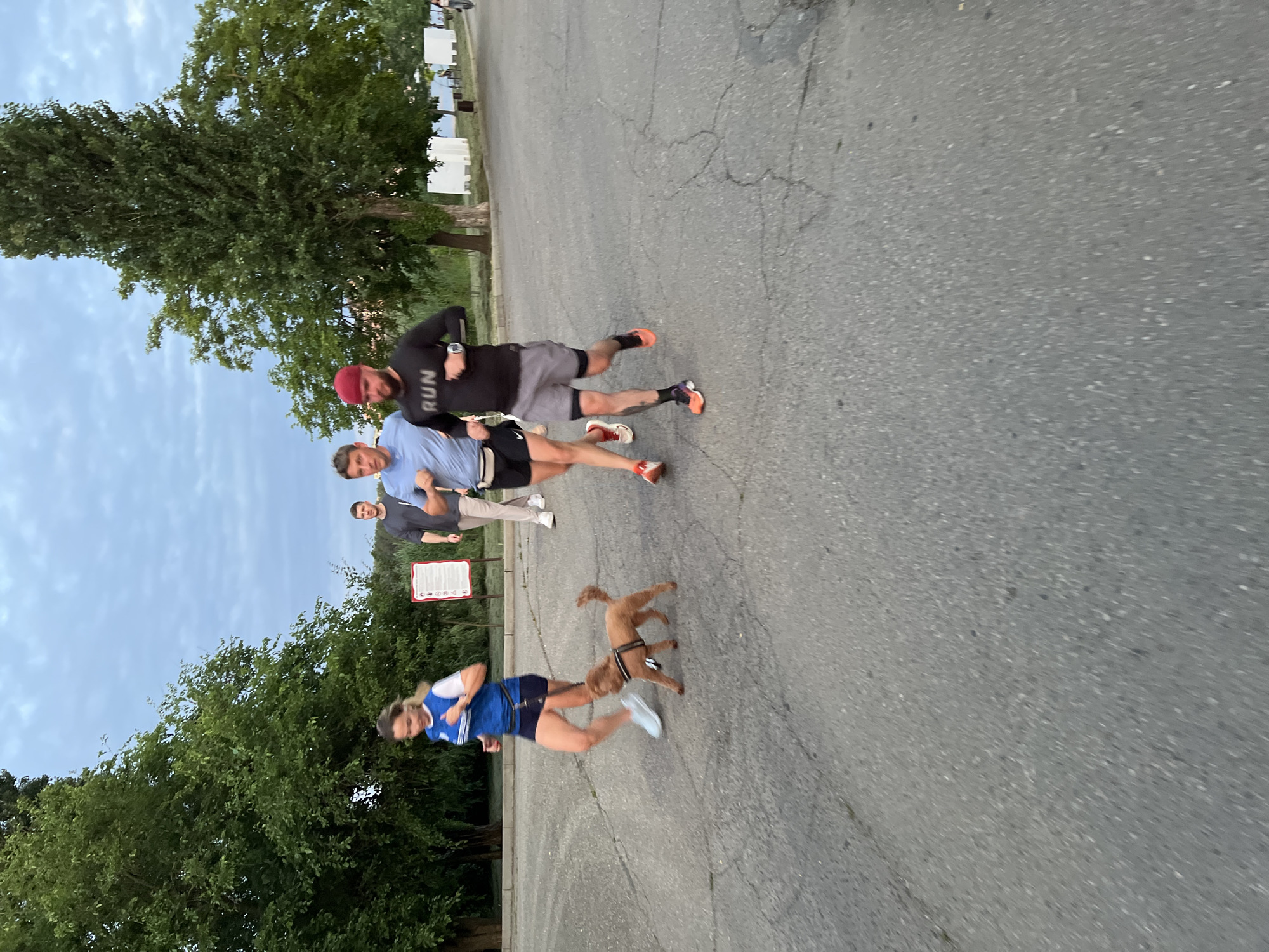 In Krasnodar, Russia, four individuals are engaged in a run on a paved outdoor path. A woman in a blue and white athletic top and dark shorts runs in the foreground, accompanied by a small, light brown poodle on a leash. Behind her, a man in a light blue t-shirt and dark shorts runs. Further back, a man wearing a black long-sleeved shirt with "RUN" printed on it, grey shorts, and a red beanie is running, followed by another man in a dark t-shirt and light-colored pants. The environment features mature trees with lush green foliage lining the path. The sky is overcast with scattered clouds. In the background, there are white structures and some distant vegetation. The overall scene depicts an active outdoor group exercise.