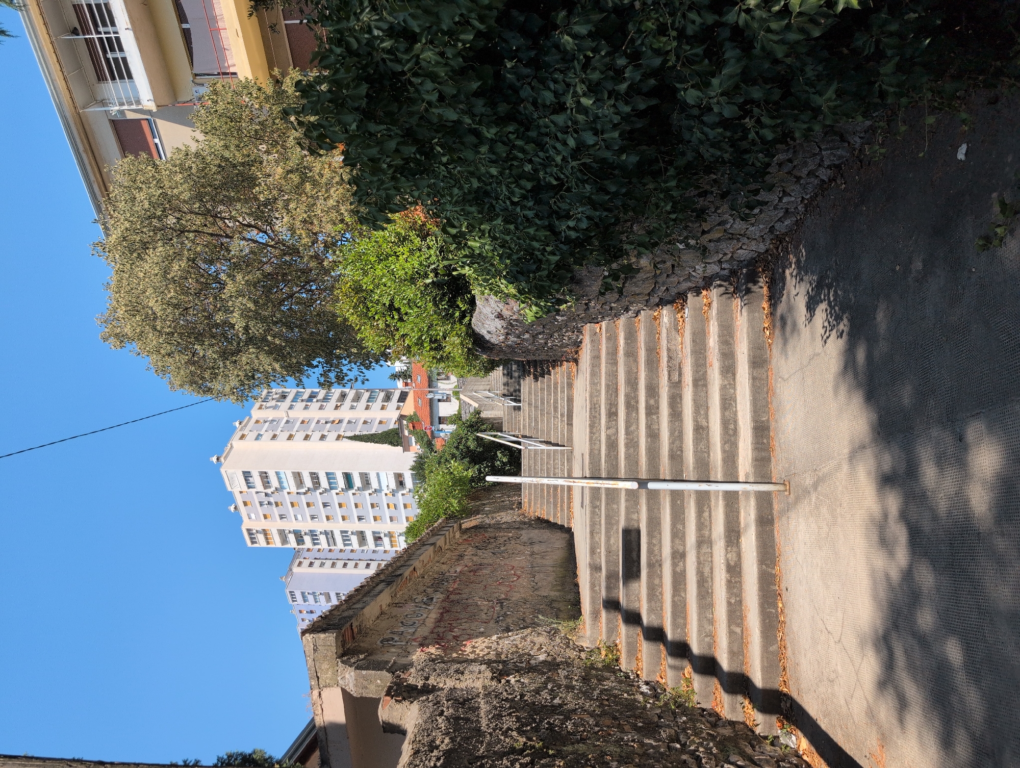 An outdoor, eye-level, wide shot captures a concrete staircase leading upwards, flanked by a stone wall on the left and dense green foliage on the right. The staircase features metal railings and appears to be situated in a residential area, with tall apartment buildings visible in the background under a clear blue sky. The scene is illuminated by sunlight, casting shadows from the trees onto the pavement and stairs. The architecture of the buildings suggests a European urban setting. The location is identified as being in the city of Rijeka, Croatia.