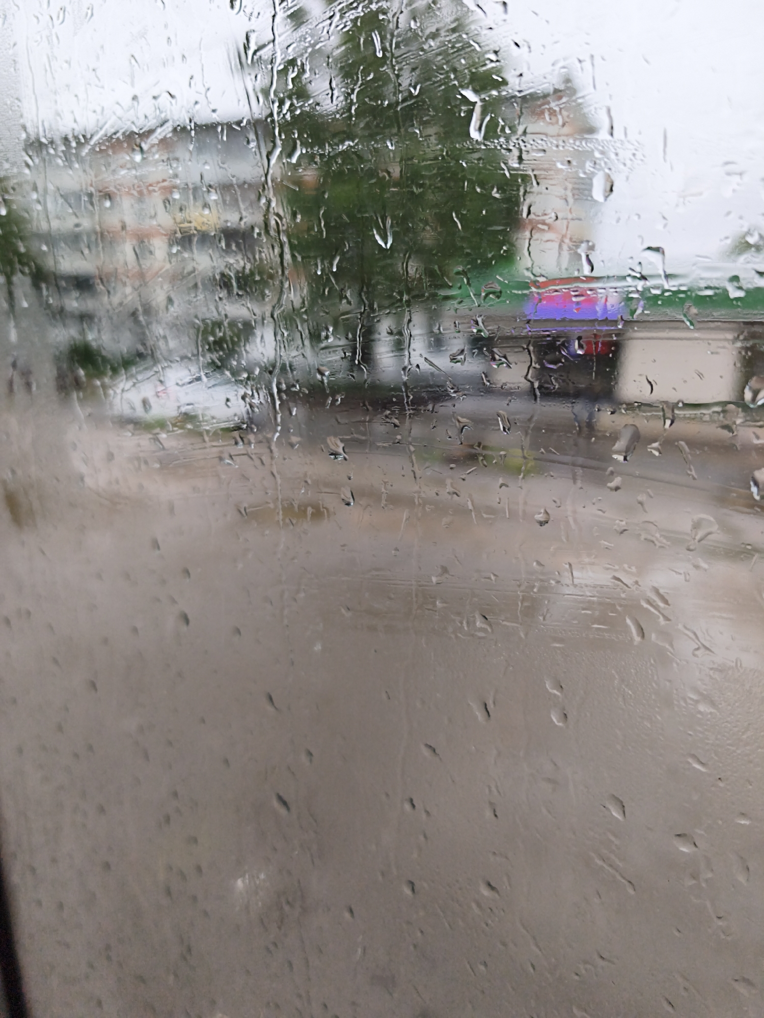 The image shows a rainy scene through a window. Outside, a blurred streetscape includes a building with multiple windows, possibly an apartment building, and a low-rise structure with a green roof and a neon sign with pink and purple colors. The ground is wet, indicating heavy rain. A tree is also visible. The location is likely Chaikovsky, Russia, as the information was provided as context. Details regarding specific people or interactions are not visible in this image.