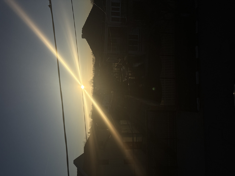 The scene depicts a residential area in the city of Stefan Karadja, Bulgaria, during either sunrise or sunset. The sun, a bright point source, is centrally located in the upper mid-frame, generating intense lens flare that radiates diagonally and horizontally across the image. Two dark utility lines extend horizontally across the upper half of the frame. Below these lines, the environment is largely silhouetted. Multiple houses are visible, including a multi-story building with a pitched roof and light-colored walls on the left, and another multi-story building with a dark pitched roof and prominent white window frames on the right. A dense line of trees forms the horizon behind the houses. At ground level, a dark metal arched gate is present on the lower-left, and a white picket fence extends across the lower-right. The immediate foreground consists of a dark paved surface with intermittent light-colored markings. A circular green lens flare artifact is discernible in the lower-middle area of the image. No individuals or specific activities are observed.
