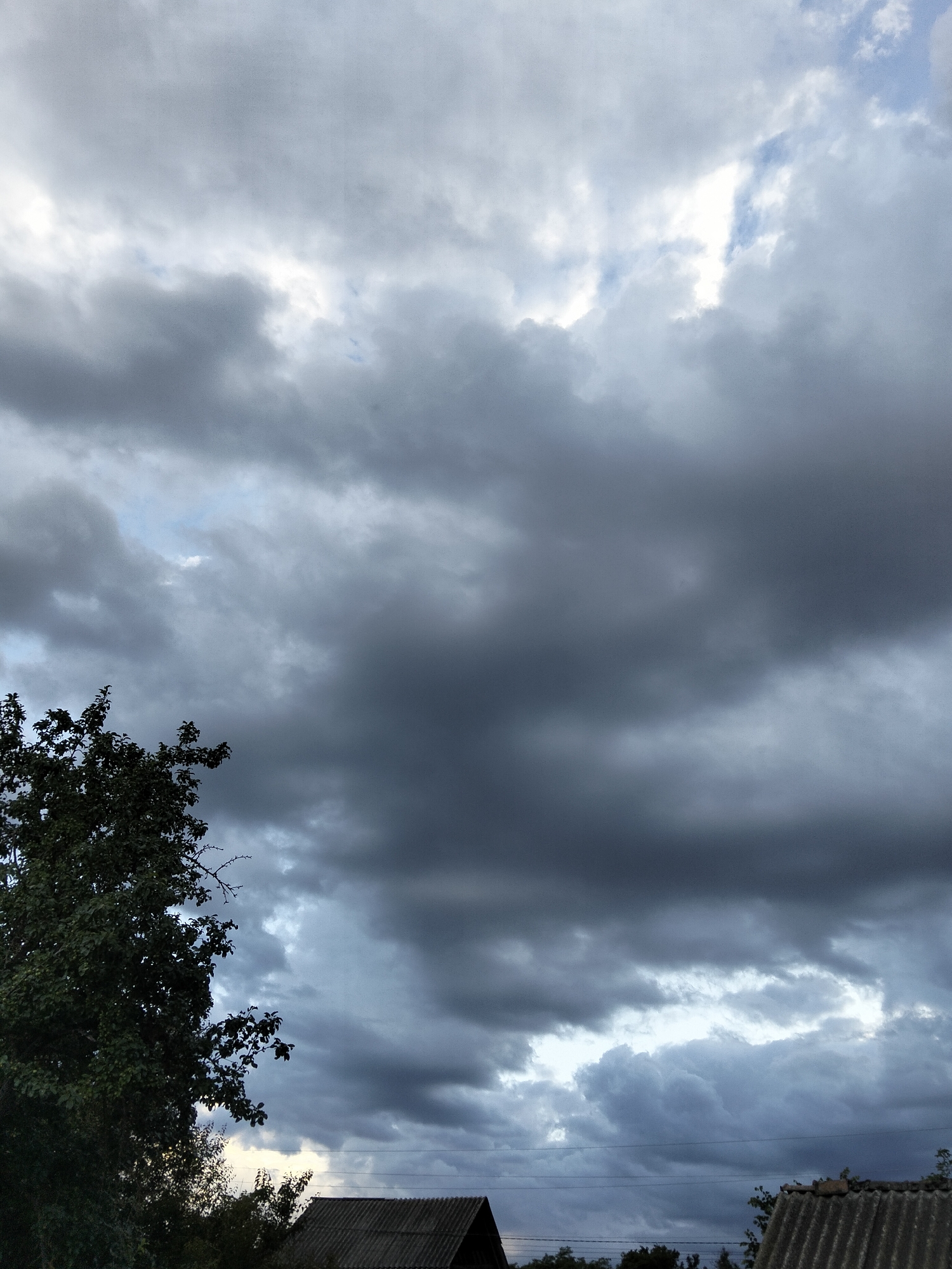 In Ustyvytsia, Ukraine, the image captures a dramatic sky filled with dark, heavy clouds, indicative of an impending storm. A lush green tree with dense foliage occupies the left side of the frame, reaching upwards towards the ominous sky. Below the tree line, the roofs of two rustic buildings are visible, constructed with corrugated material, suggesting a rural or semi-rural setting. Thin power lines crisscross horizontally across the lower portion of the sky, adding a man-made element to the natural scene. The overall atmosphere is somber and foreboding due to the brooding cloud cover.