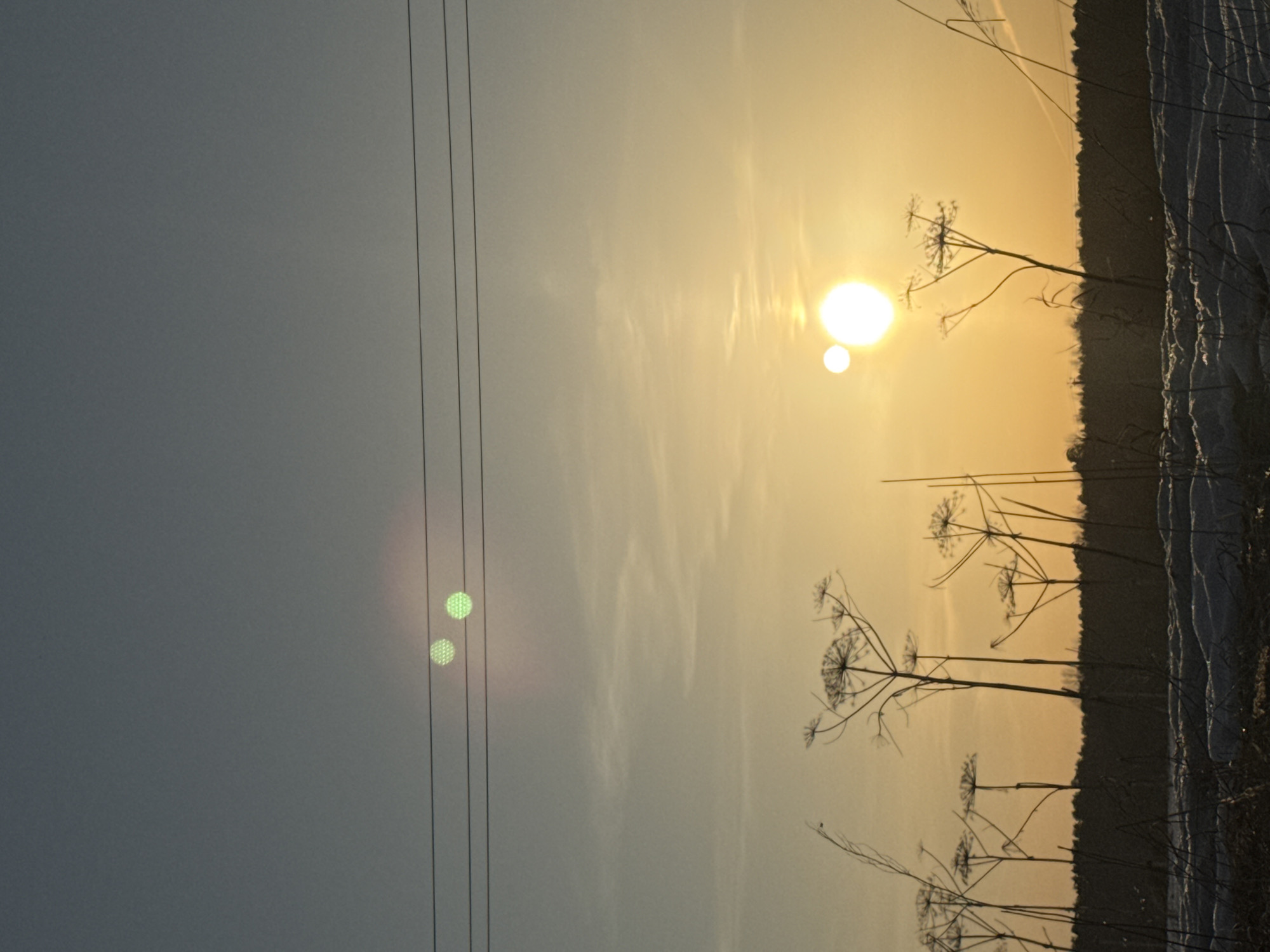 The image shows a landscape at sunset near the city of Chaikovsky, Russia. The sky is a gradient of colors, from gray on the left to yellow and orange on the right where the sun is setting. In the foreground, there are dry, silhouetted weeds or plants. A row of power lines runs vertically across the left side of the image. On the right, a dark tree line is visible, with patches of snow on the ground in front of it. There are two smaller, secondary suns in the sky that are likely optical illusions.