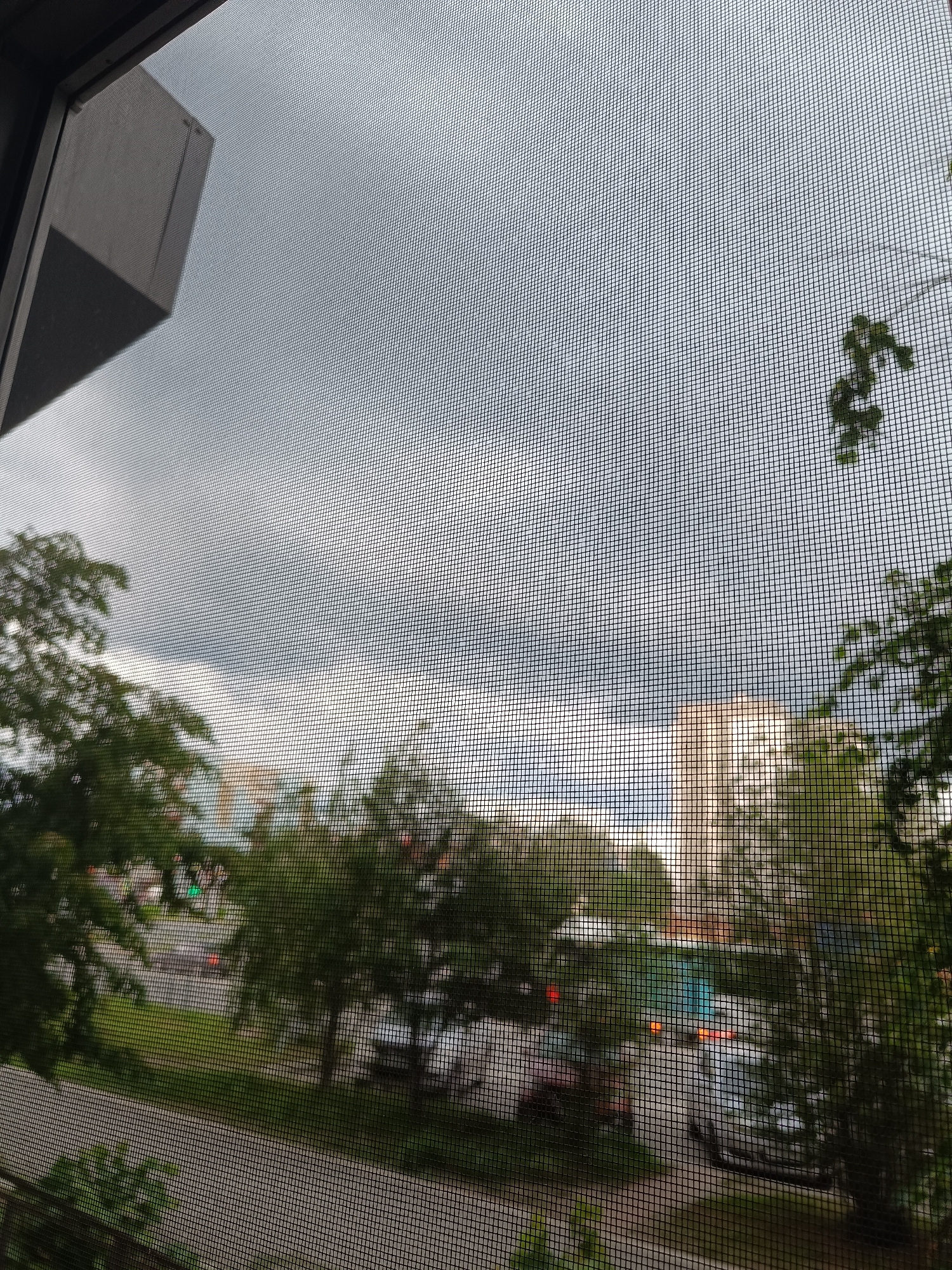 The image presents an outdoor view from an elevated position, looking through a window screen that imposes a grid pattern over the entire scene. The setting is an urban or suburban street in Tobolsk, Russia.
The sky is heavily overcast with dense grey clouds, suggesting a cloudy day, possibly late afternoon or early evening due to the quality of light. To the left, part of a tall, modern-style grey building is visible, likely adjacent to the viewpoint.
Below the sky, a streetscape unfolds, characterized by numerous green trees lining the road. Several vehicles are present on the street; some appear parked, while others display prominent red and green lights, indicating traffic or vehicles with active lighting. A large, distinctively turquoise or green-colored vehicle, possibly a bus or truck, is visible among the cars. In the background, a light-colored building stands out against the cloudy sky, reflecting some ambient light.
The scene depicts daily life on a street, observed through a screen, which creates a sense of detachment. There are no people or discernible text visible in the image. The mood is calm and somewhat muted due to the overcast weather.