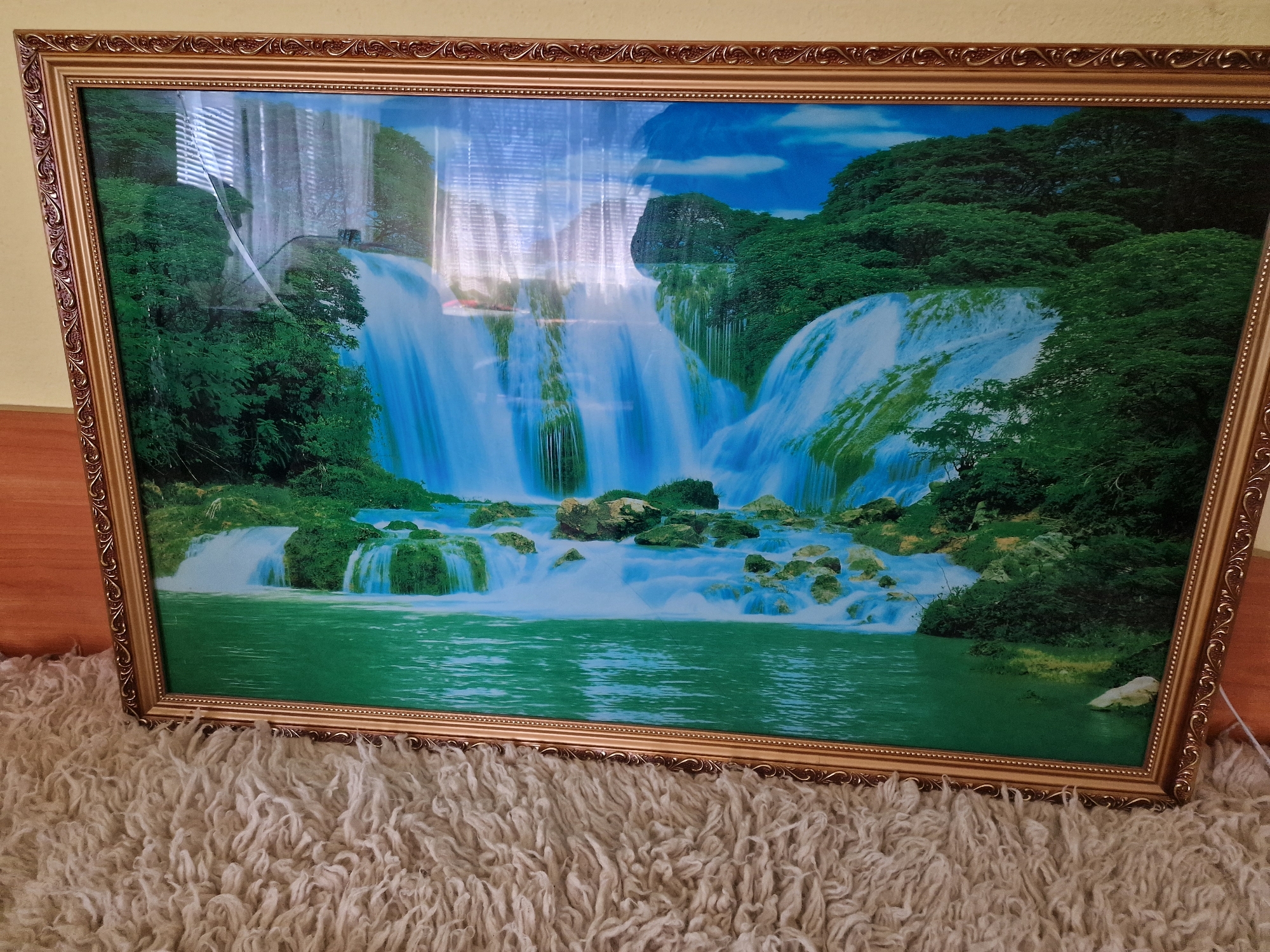 A framed picture of a waterfall hangs on a wall above a shag rug. The frame is gold and ornate. The picture shows a multi-tiered waterfall surrounded by lush green vegetation. The water is blue and white. The background is a mix of blue sky and green trees. The location and city are unknown.