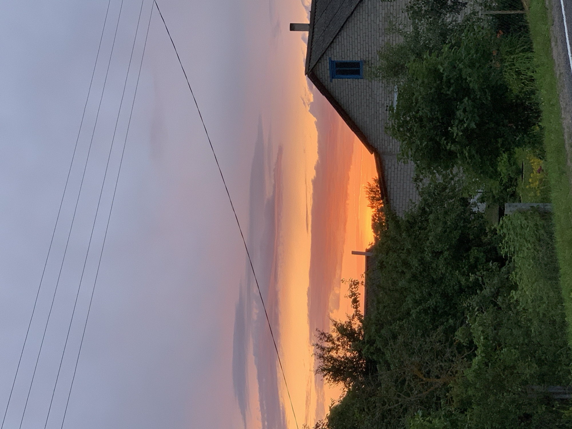 The image depicts a rural scene at sunset in Відзаўскі сельскі Савет, Belarus. A brick house with a dark roof and a blue-trimmed window is visible on the right side of the frame, partially obscured by dense green foliage. A chimney protrudes from the roof. The sky above is a gradient of purple and pink, transitioning to vibrant orange near the horizon where the sun is setting. Several power lines stretch horizontally across the upper portion of the sky. The foreground consists of a lush, green, overgrown yard with various types of trees and plants. A hint of a paved road with a white line is visible at the very bottom right corner of the image. There are no people or animals in the frame.
