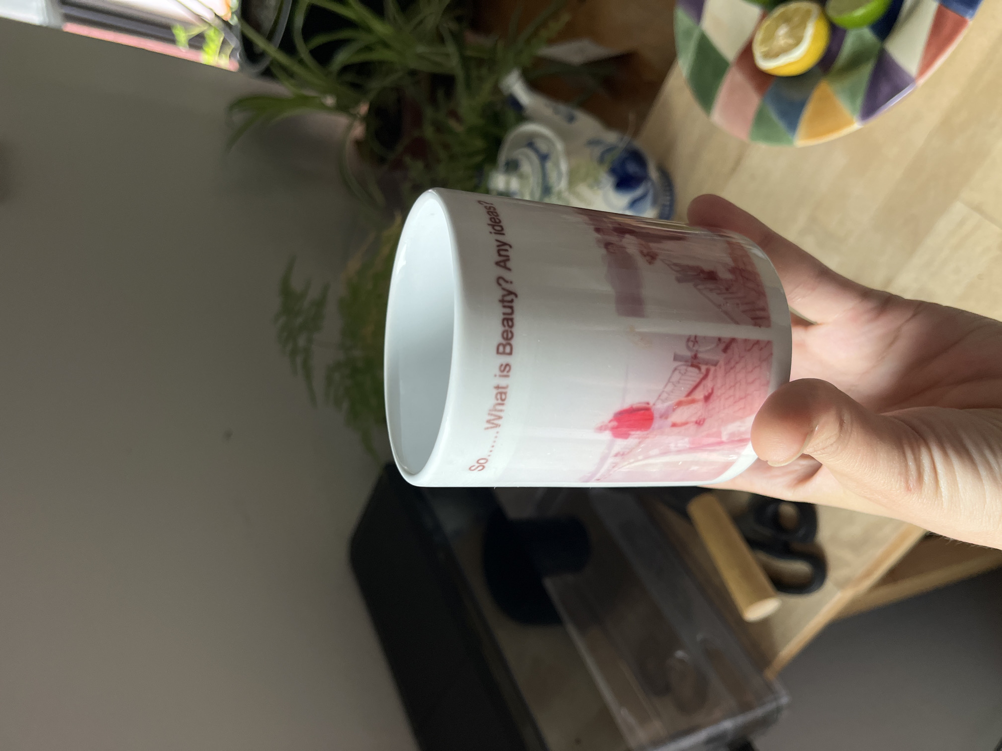 A hand holds a white ceramic mug with a red-tinted image and text on its side. The text, in a dark red, reads "So....What is Beauty? Any ideas?". The mug is positioned at an angle, with its opening facing left. In the background, a colorful patterned plate with sliced citrus fruits, possibly lemon and lime, is visible. Further back, a plant with green foliage is seen, and a white and blue porcelain teapot or similar decorative item rests on a wooden surface. The scene appears to be indoors, with the lighting suggesting it could be daytime. The overall mood is casual and contemplative, perhaps a moment of reflection while enjoying a beverage. The location is identified as New York, United States of America.
