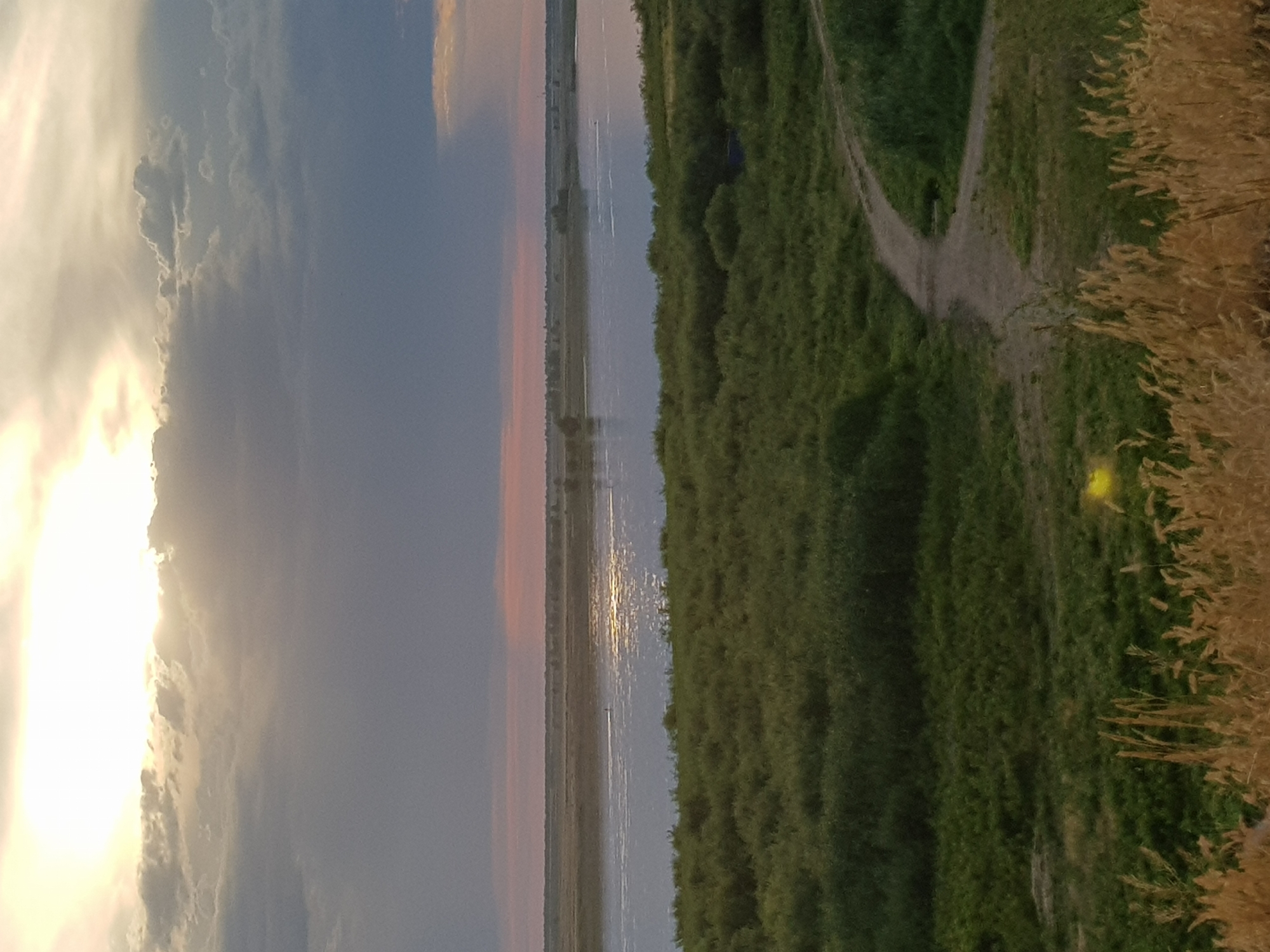 The image depicts a wide, tranquil river under a dramatic sky. The sun is partially obscured by a band of dark clouds, with rays of light piercing through, illuminating the scene with a soft glow. A faint pink hue colors the horizon line, suggesting either dawn or dusk. On the far bank of the river, the landscape appears flat and sparsely vegetated. The foreground is dominated by lush, green vegetation, possibly reeds or tall grass, leading down to a dirt path that curves into the scene. The overall impression is one of natural beauty and serenity. The image appears to have been taken from an elevated position, overlooking the river and surrounding landscape. No people or specific landmarks are identifiable.